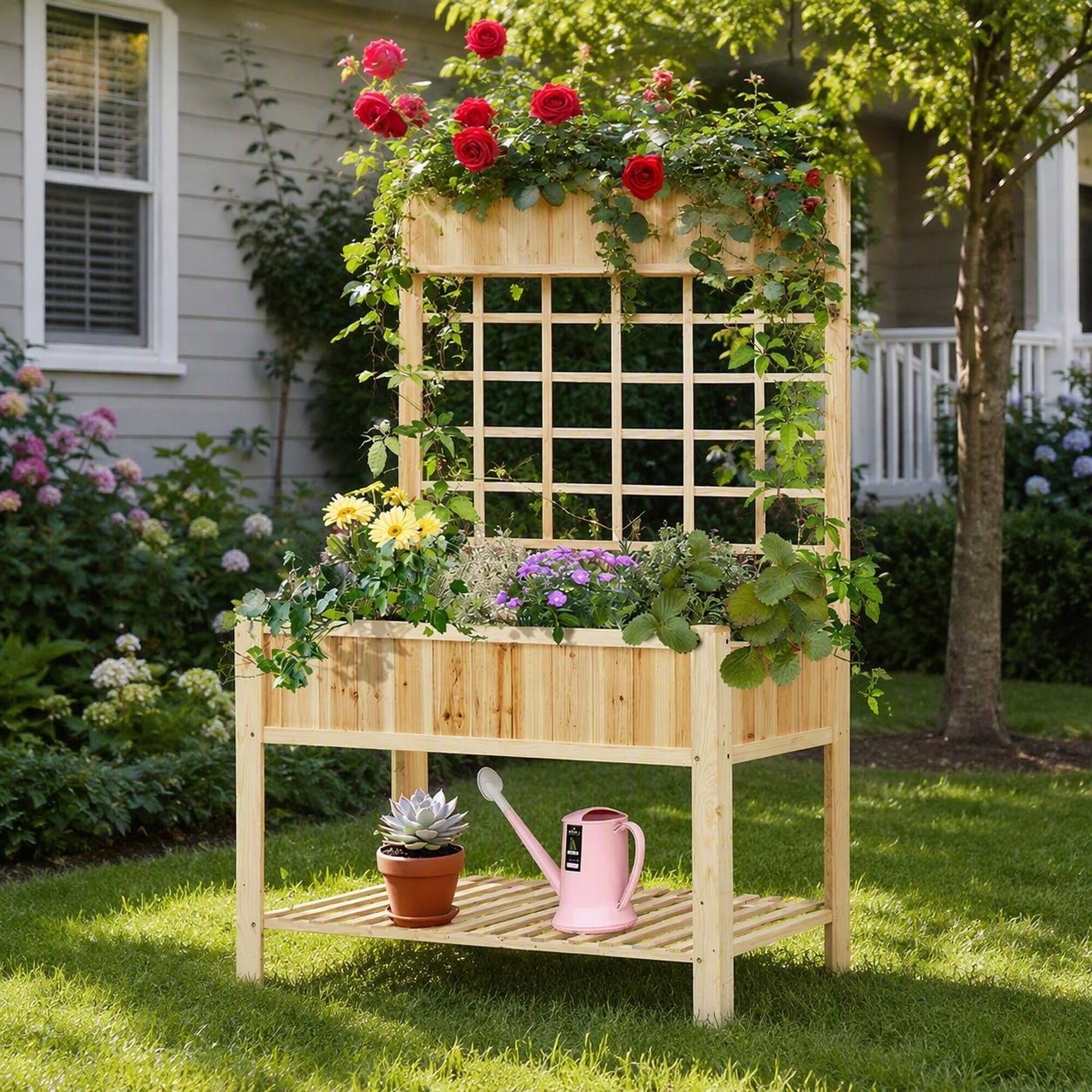Alt View 2. RYHNUYNE - Wooden Raised Garden Bed with Stand, Elevated Planter Box with Storage Shelf for Patio, Balcony, Backyard - Natural.
