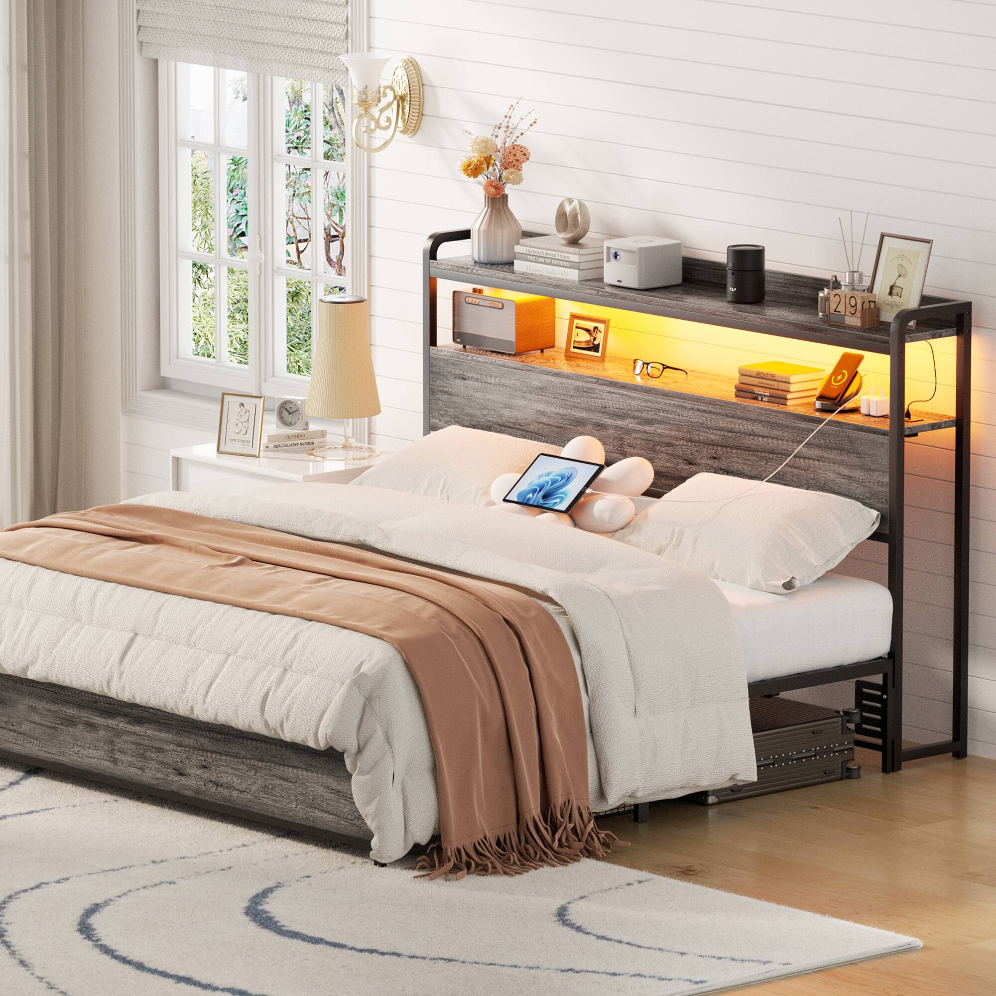 Alt View 4. Aheaplus - Full Headboard Only, Headboard with Power Outlets and LED Lights for Full Size Bed, Easy Assembly - Gray Oak.