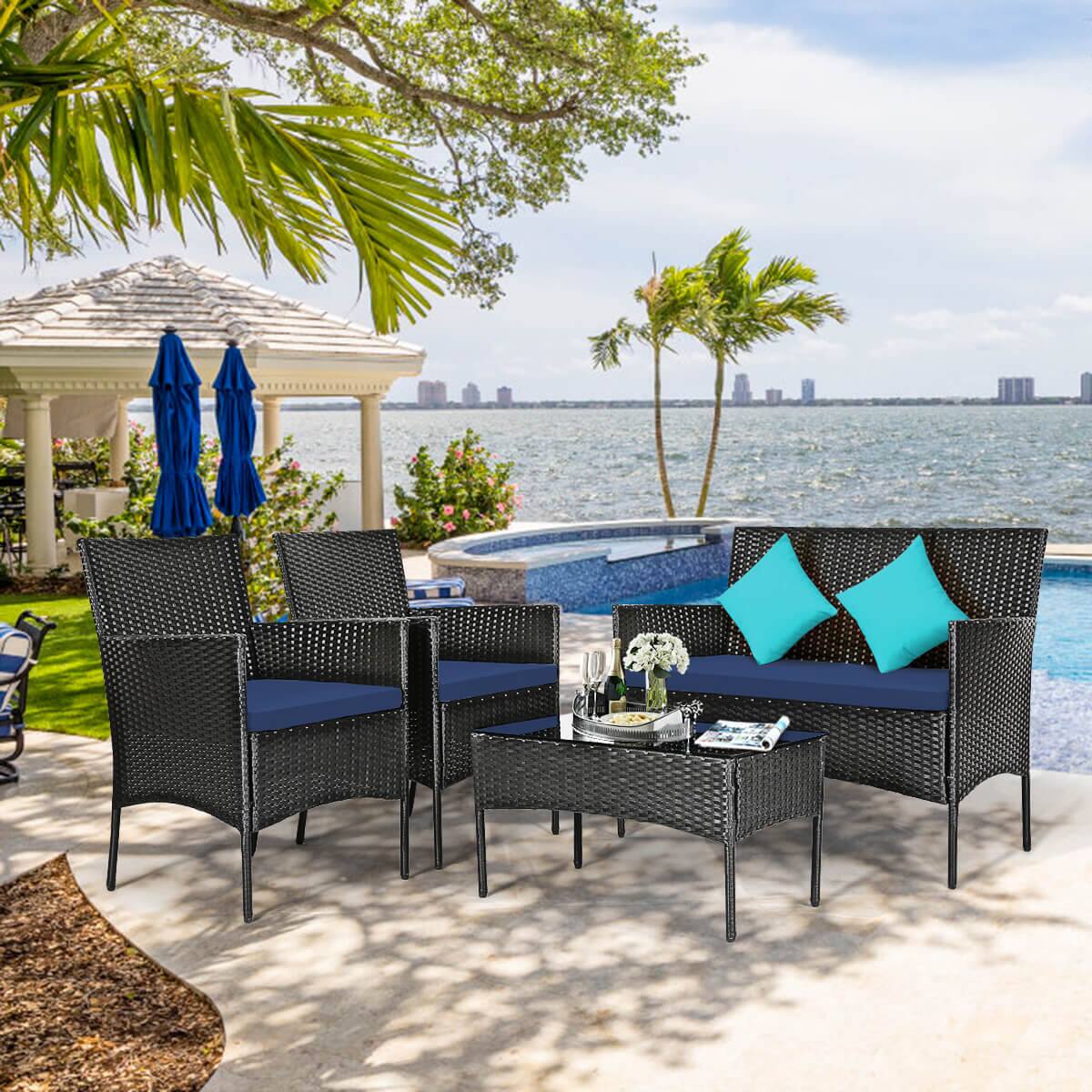 Alt View 3. Costway - 8 PCS Patio Rattan Furniture Set Cushioned Sofa Coffee Table Backyard Porch - Navy + Black.