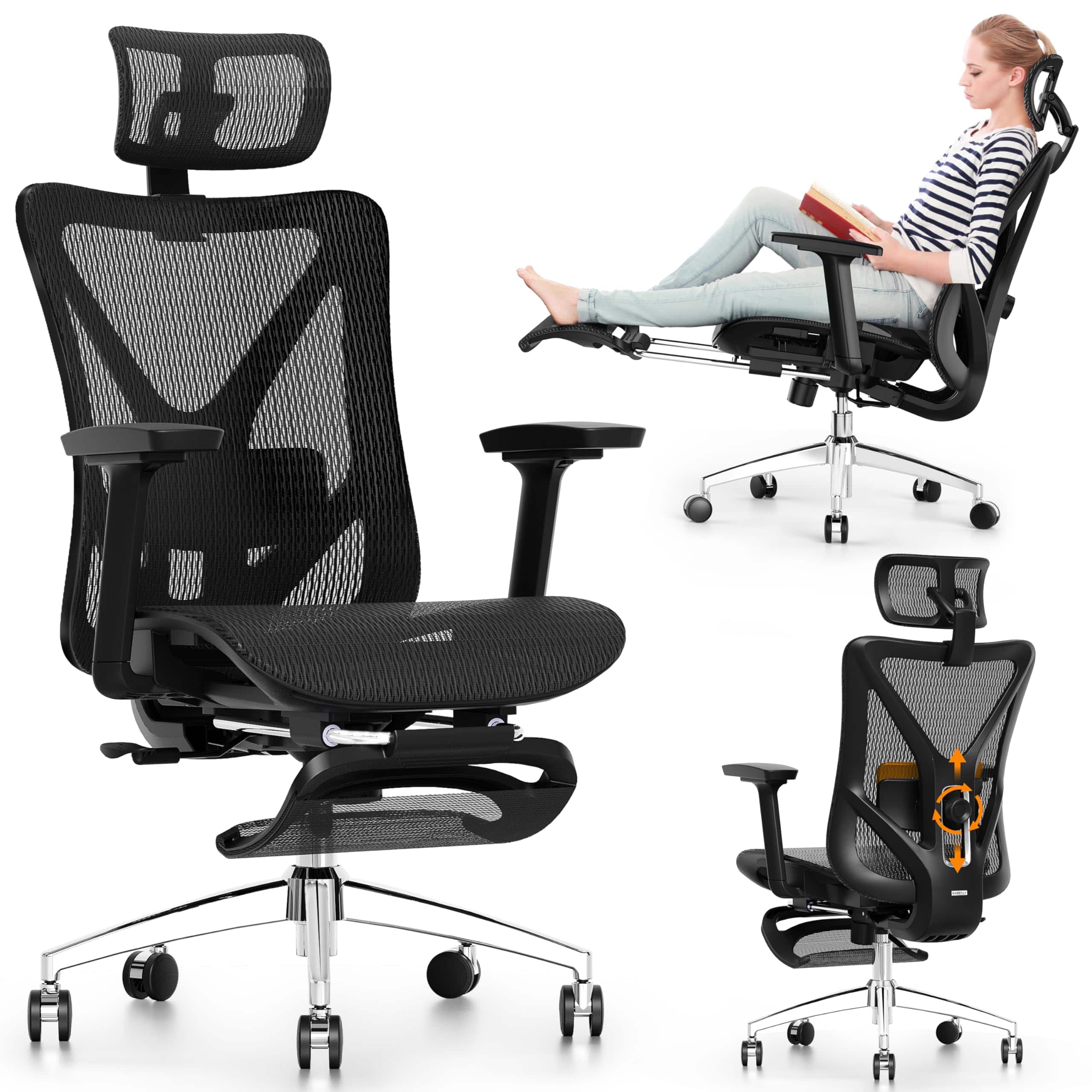 Hirose Alice - GABRYLLY Ergonomic Office Chair with Footrest, 135 Reclining Desk Chair with Adjustable Lumbar Support,3D - Onyx Black high back with footrest