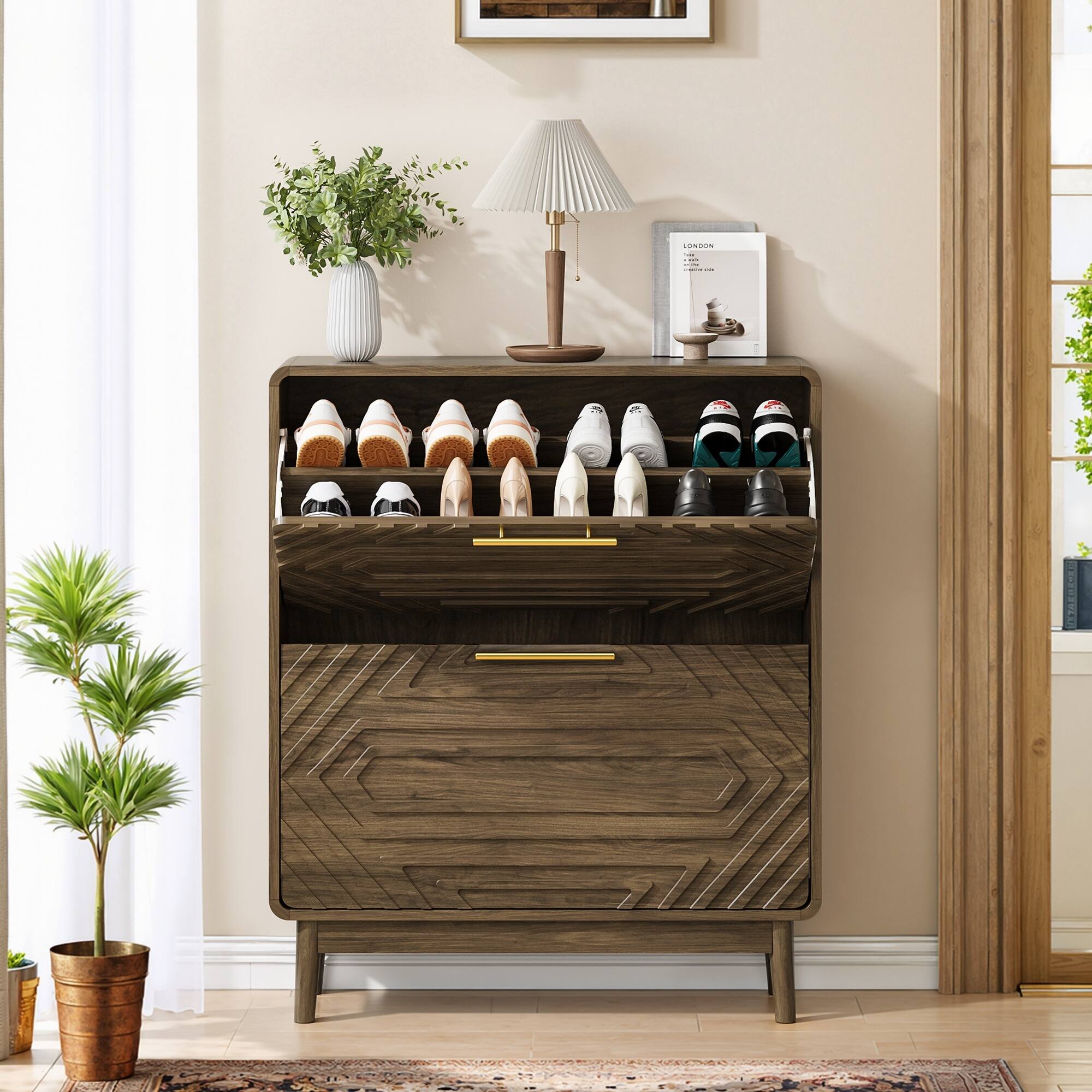 Angle. MERAVOM - Shoe Cabinet with 2 Flip Drawers, Mid-Century Modern Freestanding Shoe Cabinet Organizer for Entryway, Hallway - Brown.