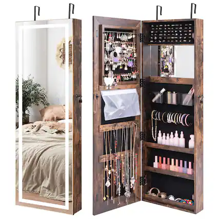 Front. Costway - LED Mirror Jewelry Cabinet Wall/Door Mounted 47" Armoire 3 Color Coffee - Brown.