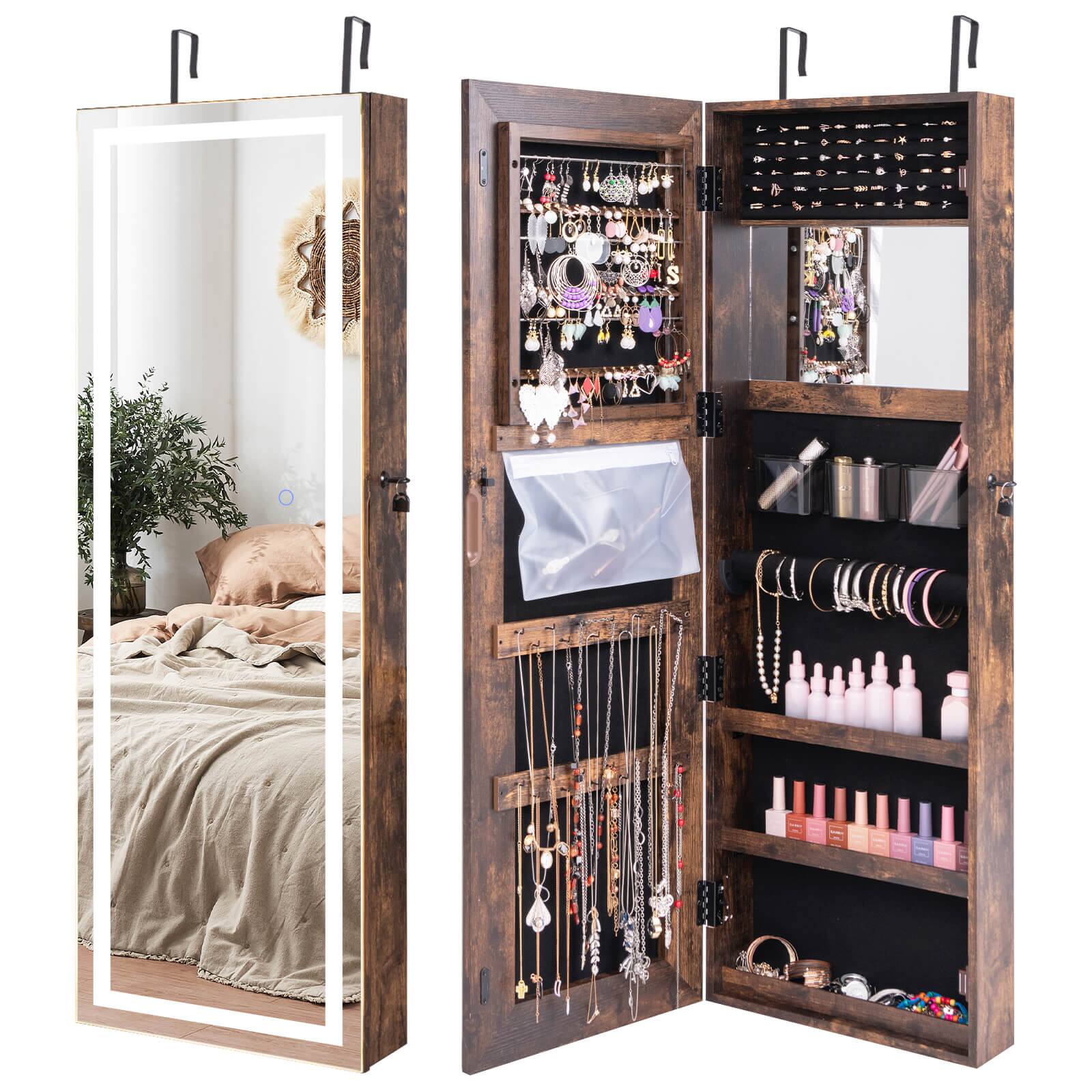 Front. Costway - LED Mirror Jewelry Cabinet Wall/Door Mounted  47" Armoire 3 Color Coffee - Brown.