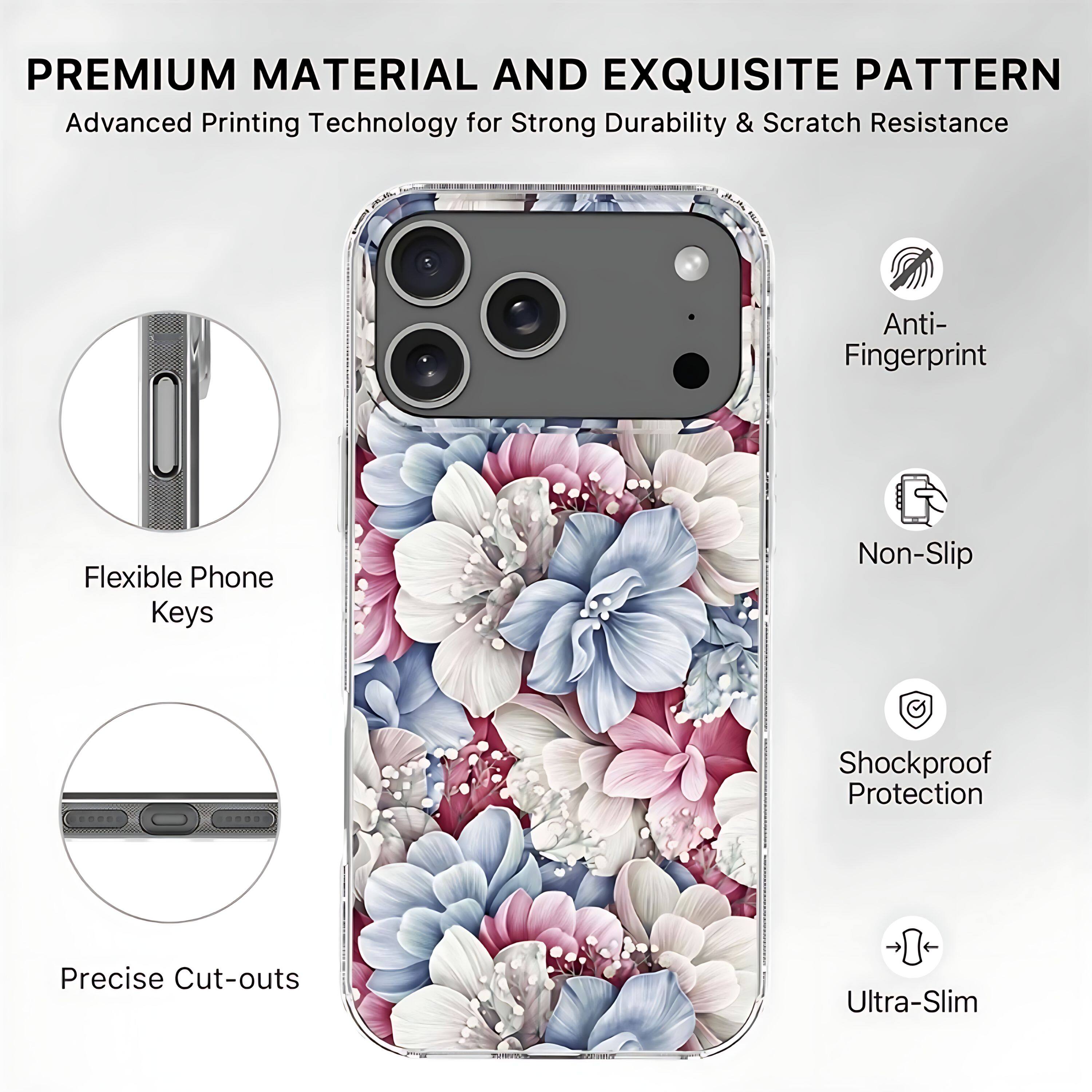 PREMIUM MATERIAL AND EXQUISITE PATTERN  
Advanced Printing Technology for Strong Durability & Scratch Resistance  

- Flexible Phone Keys  
- Precise Cut-outs  
- Anti-Fingerprint  
- Non-Slip  
- Shockproof Protection  
- Ultra-Slim
