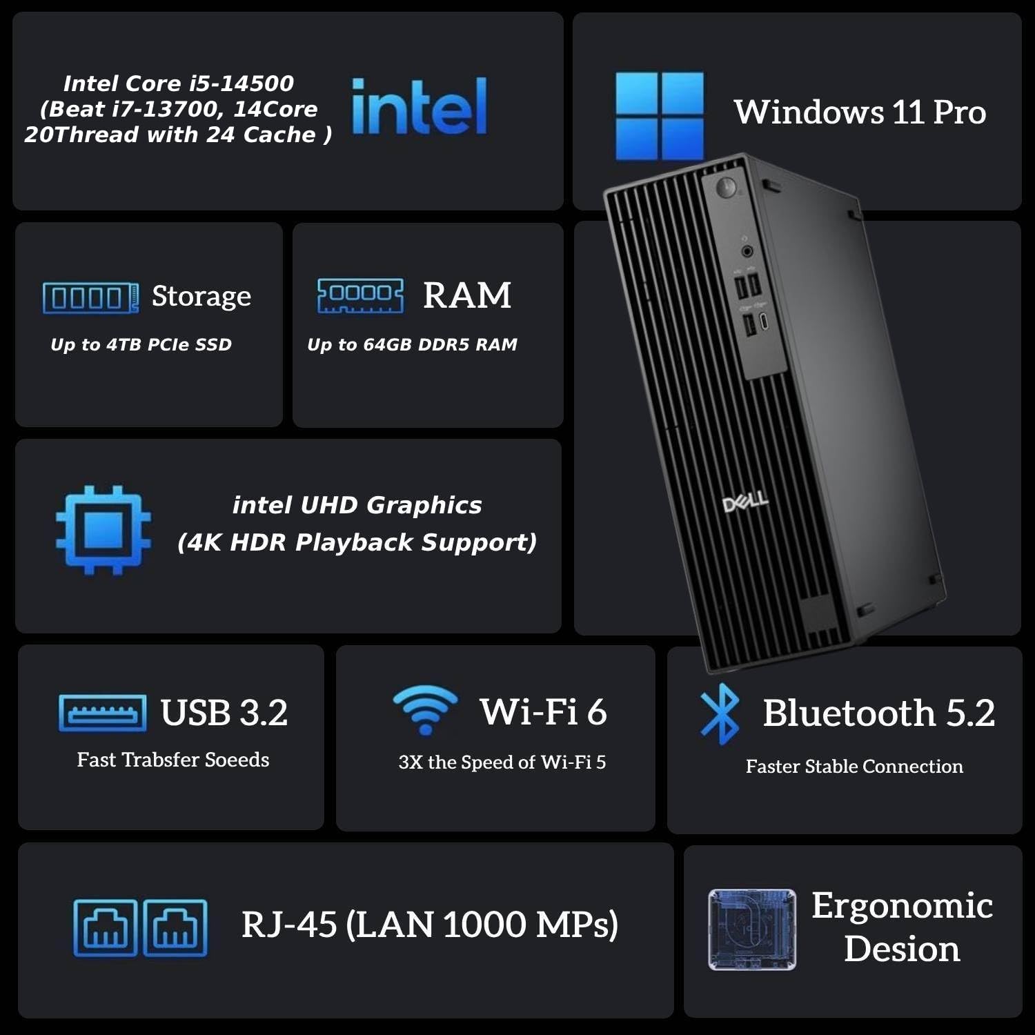 Intel Core i5-14500  
(Beat i7-13700, 14Core 20Thread with 24 Cache)  
Windows 11 Pro  

Storage  
Up to 4TB PCIe SSD  

RAM  
Up to 64GB DDR5 RAM  

Intel UHD Graphics  
(4K HDR Playback Support)  

USB 3.2  
Fast Transfer Speeds  

Wi-Fi 6  
3X the Speed of Wi-Fi 5  

Bluetooth 5.2  
Faster Stable Connection  

RJ-45 (LAN 1000 Mbps)  

Ergonomic Design