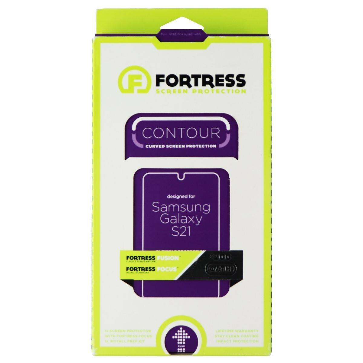 FORTRESS SCREEN PROTECTION CONTOUR CURVED SCREEN PROTECTION designed for Samsung Galaxy S21 FORTRESS FUSION R ad S FORTRESS POCUS 1919 Ama PROTECTOE FOSTRESS FOCUS KIT LIFETIME WARRANTY STAY CLEAN COATING