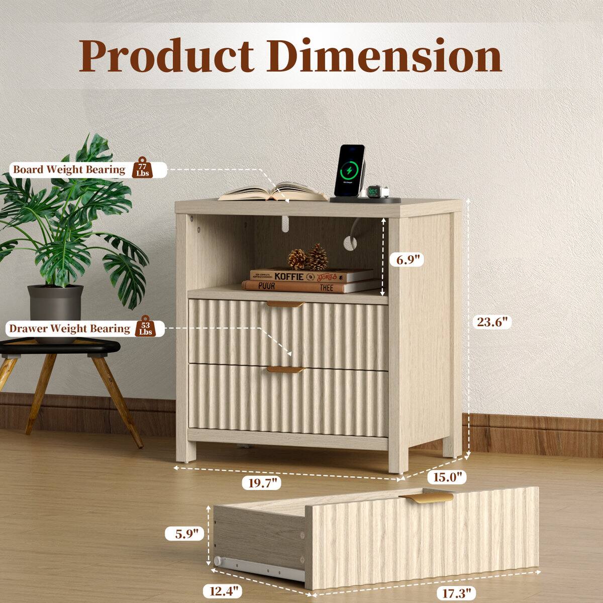 Product Dimension  
Board Weight Bearing: 77 lbs  
Drawer Weight Bearing: 53 lbs  
Dimensions: 23.6" x 19.7" x 15.0" x 5.9" x 12.4" x 17.3"