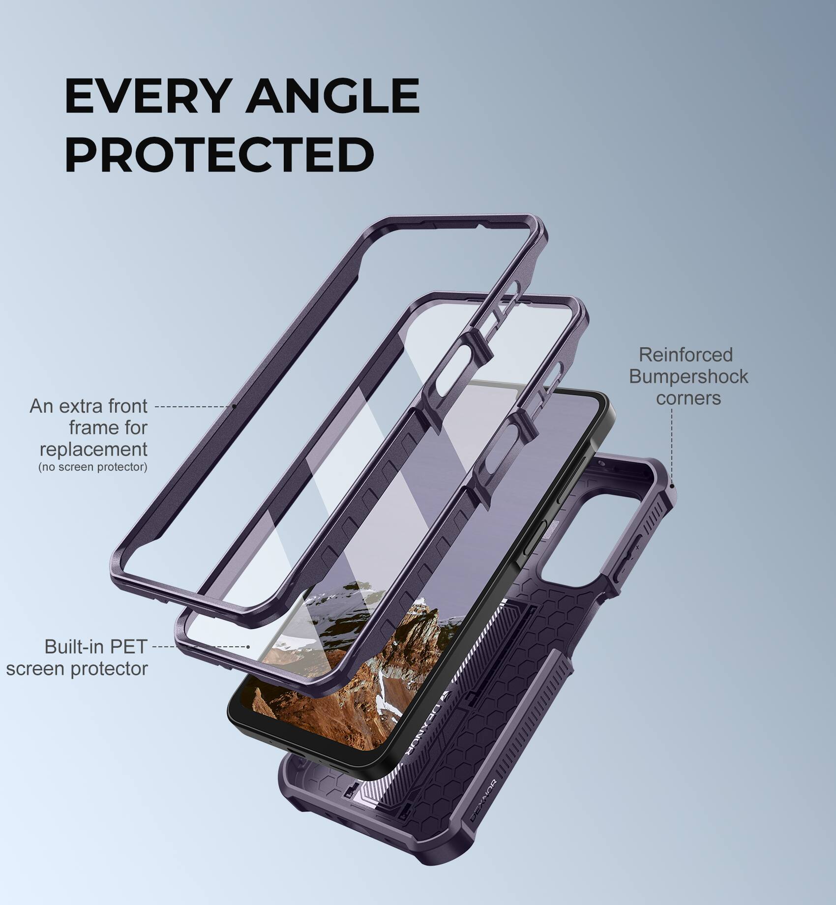 EVERY ANGLE PROTECTED

- An extra front frame for replacement (no screen protector)
- Reinforced Bumpershock corners
- Built-in PET screen protector
