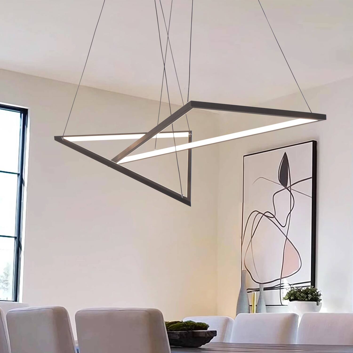 Back. Umeiluce - 47 Inch Modern Geometric Chandelier Linear Kitchen Island Lighting Led Dimmable - Matte Black.