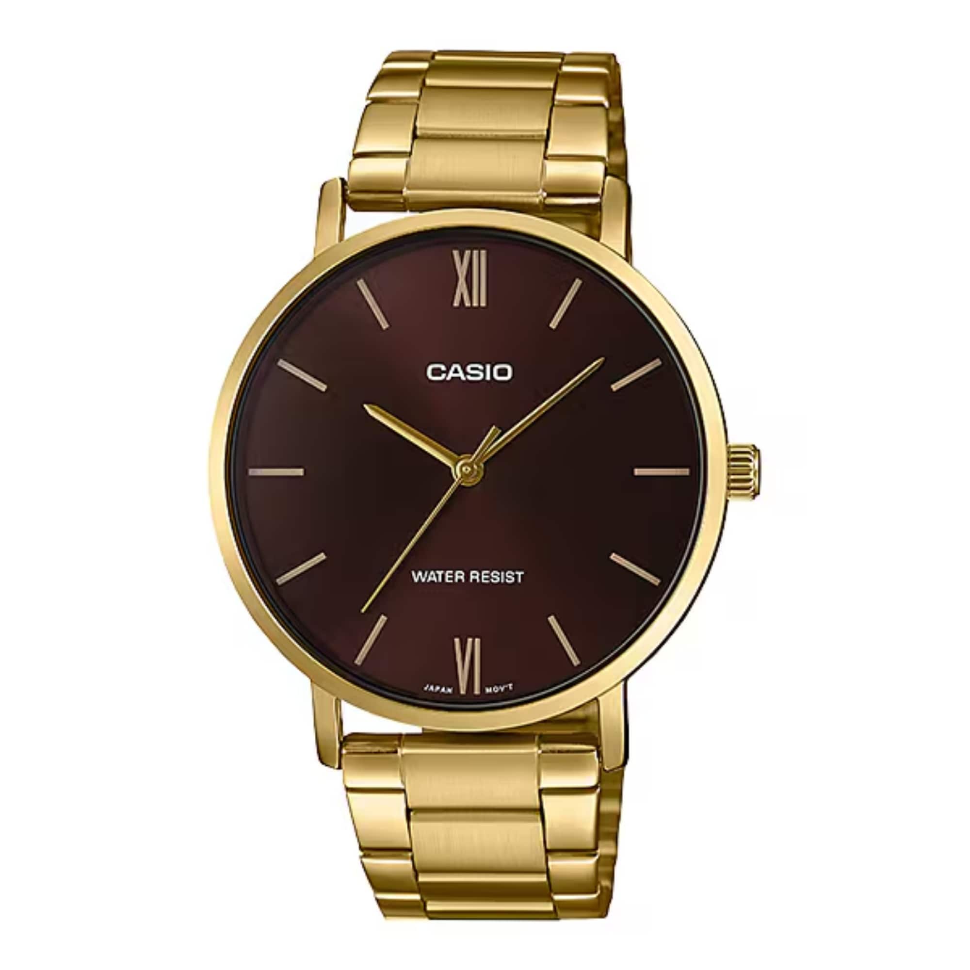Casio - Men’s Bracelet Analog Watch with Brown Dial - MTP-VT01G-5BUDF - Gold