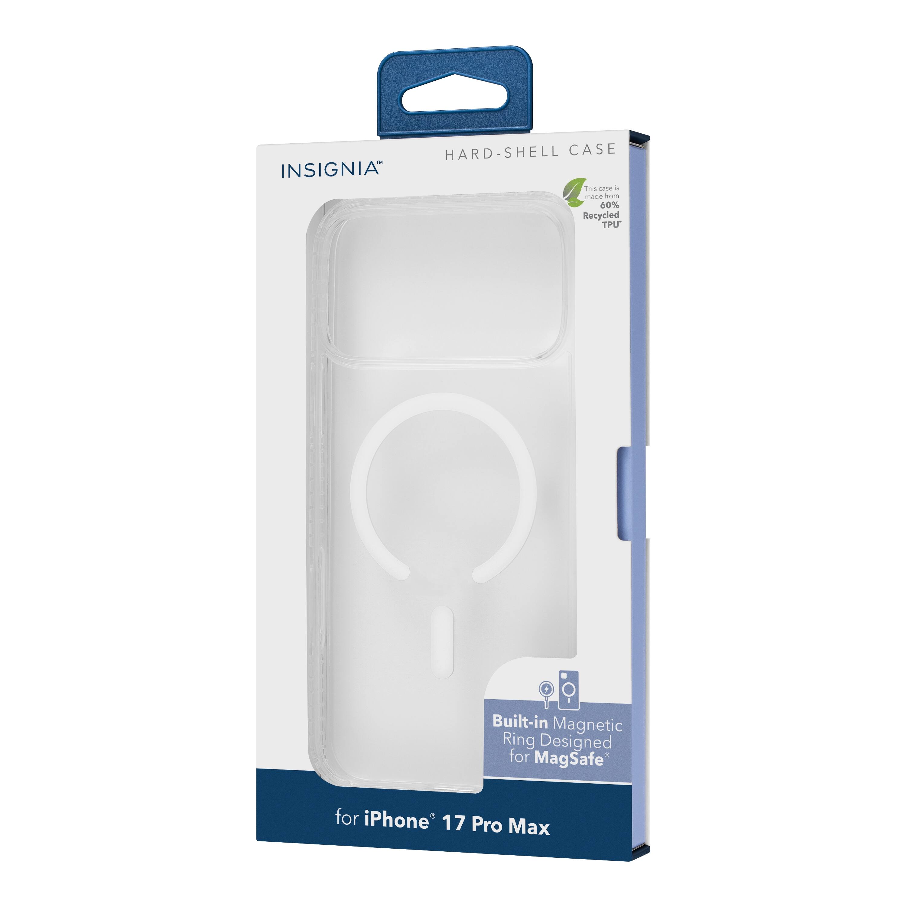 HARD-SHELL CASE  
INSIGNIA®  
This case is made with 60% Recycled TPU  
Built-in Magnetic Ring Designed for MagSafe  
for iPhone® 17 Pro Max