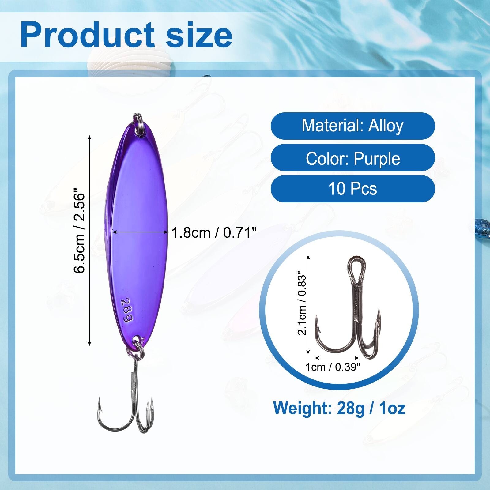 Product size: 2.56" / 6.5cm  
Weight: 28g / 1oz  
Material: Alloy  
Color: Purple  
10 Pcs  

Dimensions:  
- Length: 2.56" / 6.5cm  
- Width: 1.8cm / 0.71"  
- Hook: 0.83" / 2.1cm  
- Hook width: 1cm / 0.39"