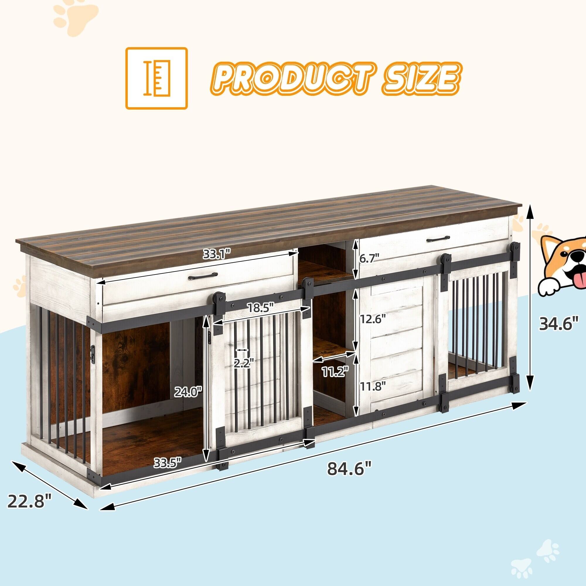 PRODUCT SIZE

- Length: 84.6"
- Width: 33.1"
- Height: 34.6"
- Drawer Height: 6.7"
- Drawer Width: 18.5"
- Drawer Depth: 24.0"
- Divider Height: 12.6"
- Divider Width: 11.2"
- Divider Depth: 11.8"
- Bottom Shelf Height: 2.2"
- Bottom Shelf Width: 33.5"
- Bottom Shelf Depth: 22.8"