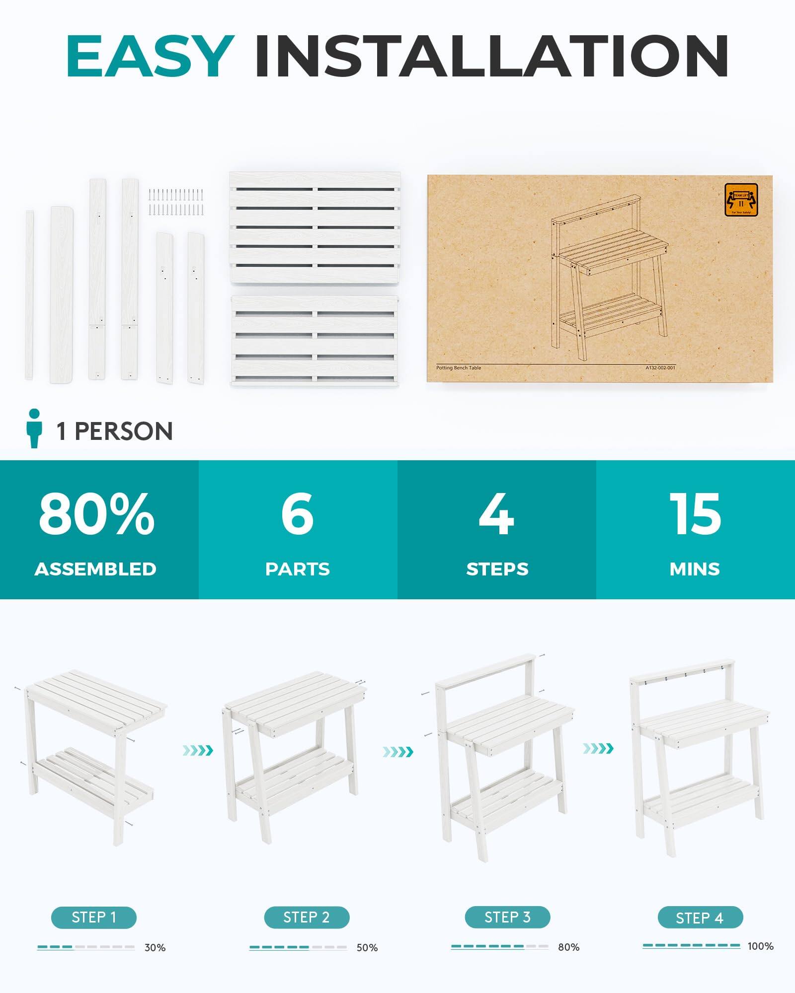 EASY INSTALLATION

1 PERSON

80% ASSEMBLED

6 PARTS

4 STEPS

15 MINS

STEP 1 30%

STEP 2 50%

STEP 3 80%

STEP 4 100%