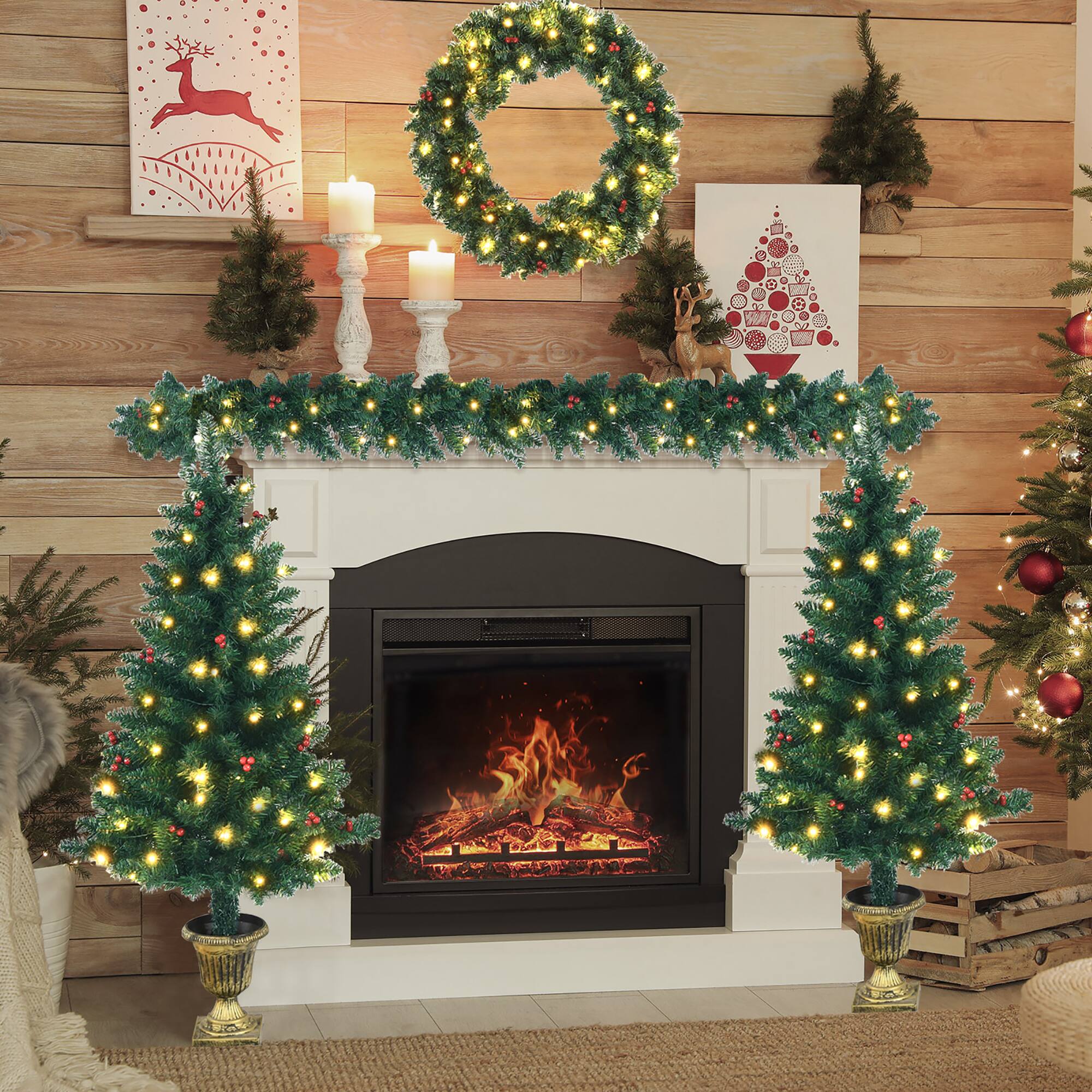 Alt View 4. Costway - Costway 4pcs Pre-lit Christmas Decoration Set w/ Garland Wreath & Entrance Trees - Green.