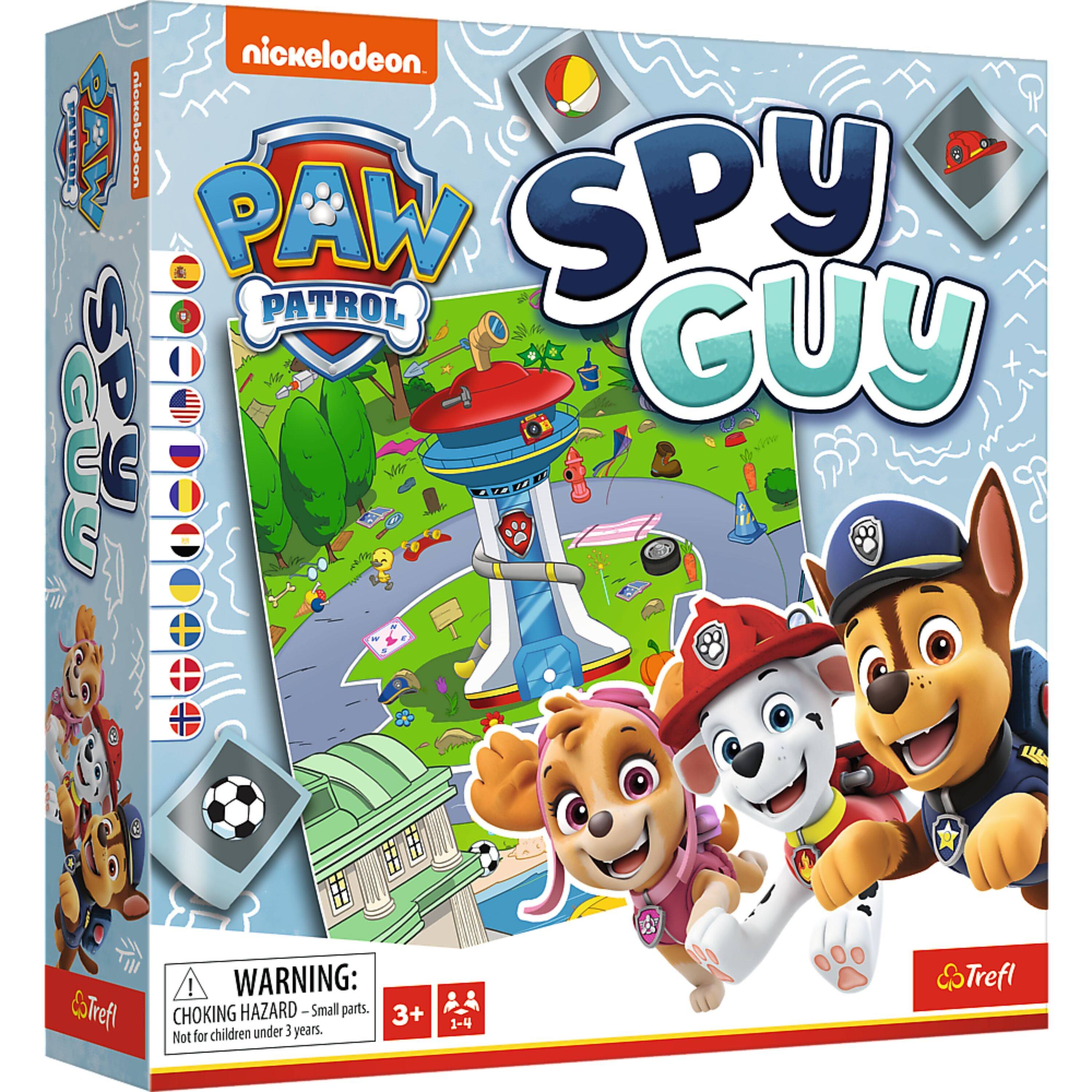 Sure, here is the corrected and grouped text from the image:

---

**Nickelodeon**

**PAW PATROL**

**SPY GUY**

**Trefl**

**WARNING: CHOKING HAZARD - Small parts. Not for children under 3 years.**

**3+**

**1-4**

**Trefl**

---

This text includes the brand name, game title, warning label, age recommendation, and the company logo.
