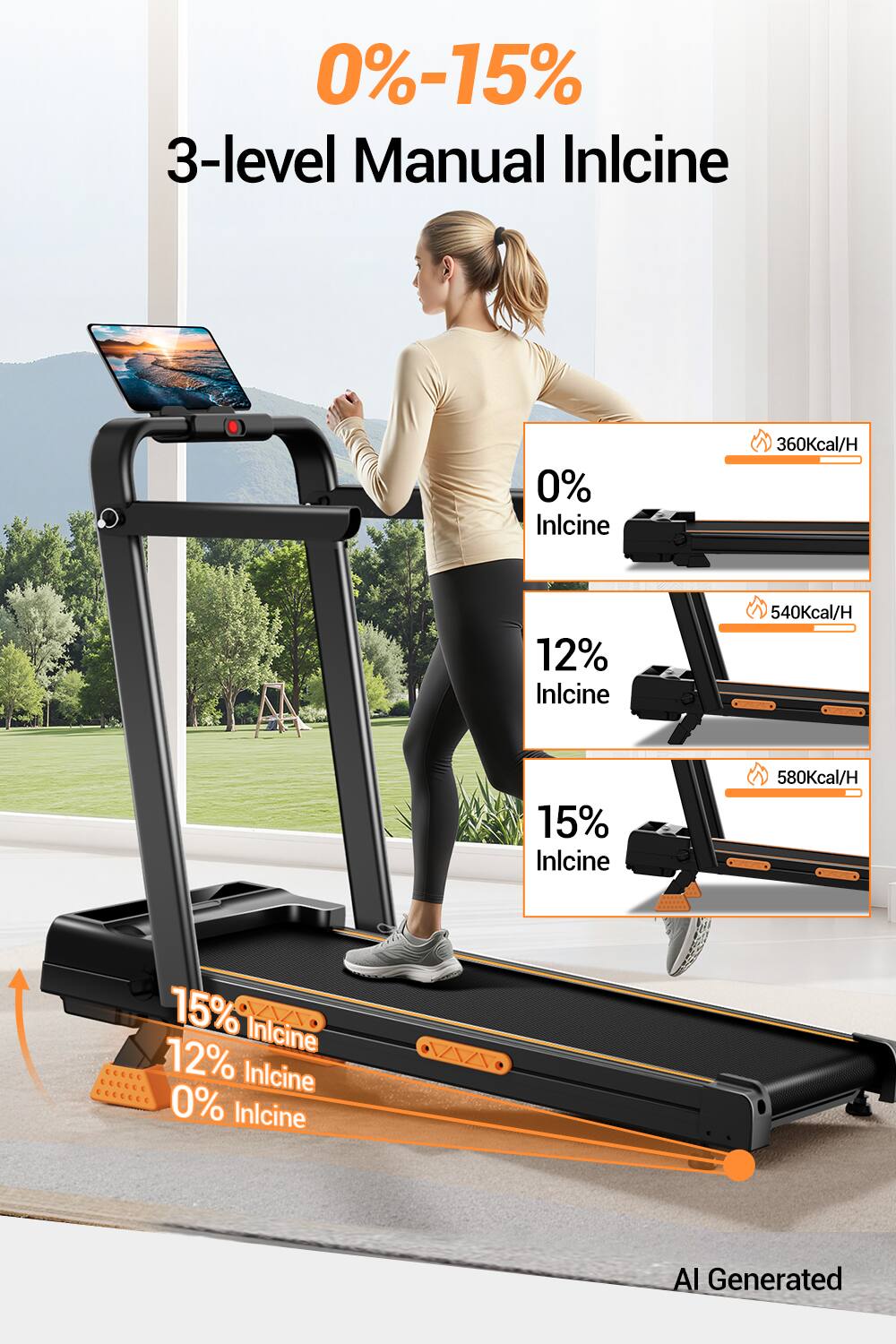 0%-15% 3-level Manual Incline

0% Incline
360Kcal/H

12% Incline
540Kcal/H

15% Incline
580Kcal/H

15% Incline
12% Incline
0% Incline

AI Generated