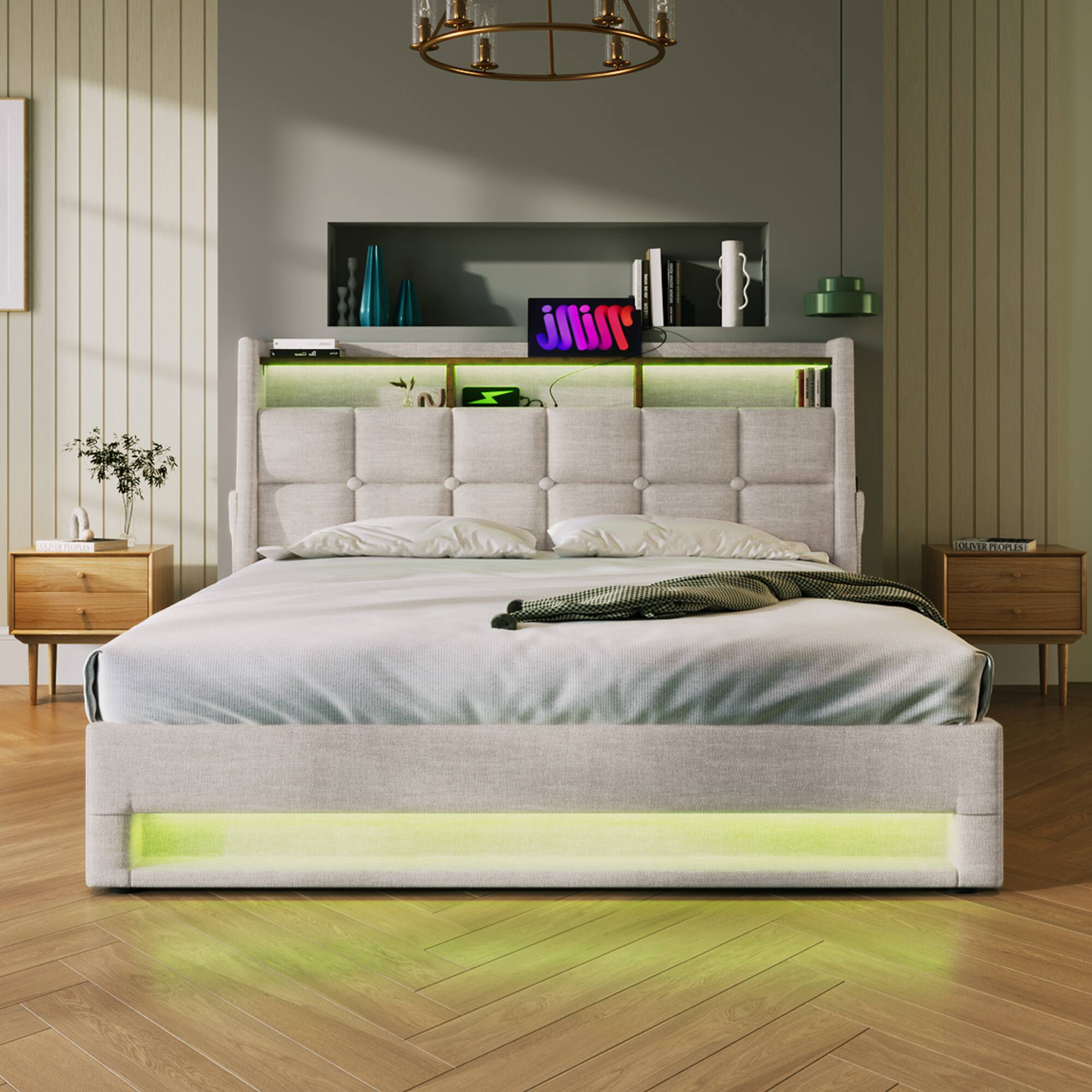 Back. Anysun - Full Size Upholstered Platform Bed - Hydraulic Storage, LED, Charging Station, No Box Spring, Easy Assembly - Natural.