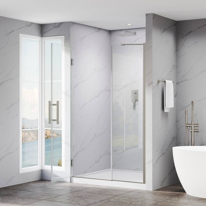 Back. WELLFOR - 48–49 in. W x 72 in. H Frameless Hinged Shower Door with 3/8" Clear Tempered Glass, Reversible Opening - Brushed Nickel.