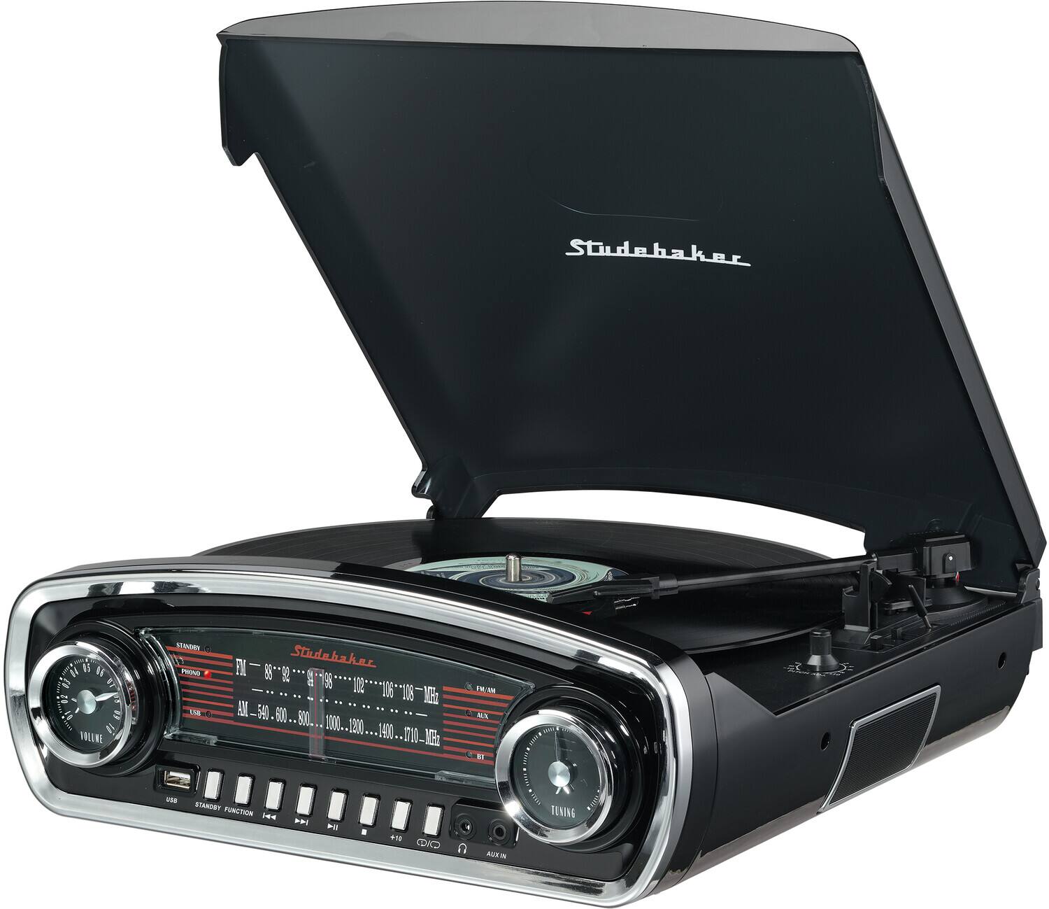 Studebaker

FM - 88 - 108 MHz  
AM - 540 - 600 - 700 - 800 - 1000 - 1200 - 1400 - 1600 - 1710 MHz

TUNING

VOLUME

USB

STANDBY FUNCTION

PLAY

STOP

PAUSE

FORWARD

REVERSE

AUX IN

FM/AM

CMT

I/9

MX

D

AM/FM

TENING