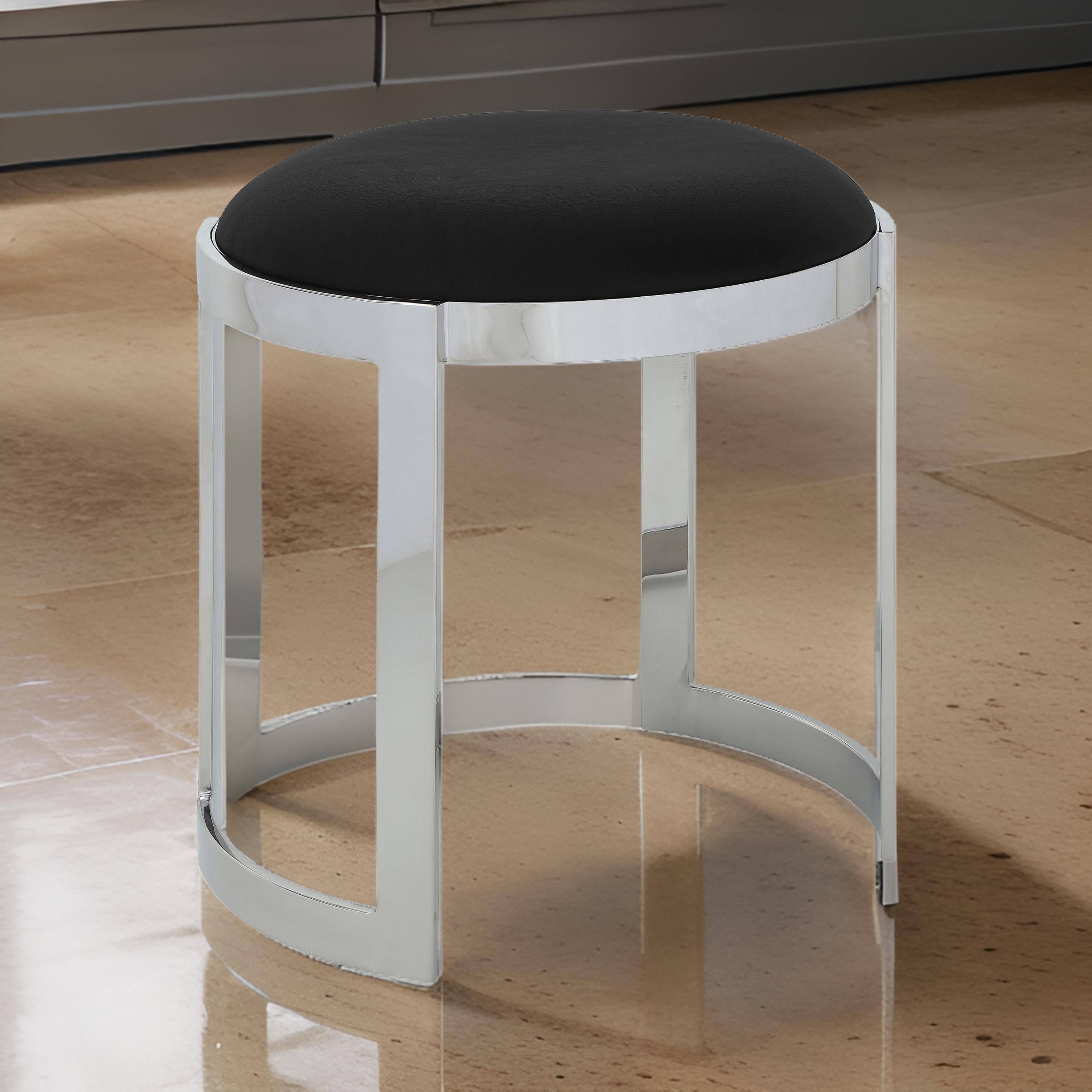 Alt View 2. Manhattan Lane - 19 Inch Accent Stool Ottoman Ottoman, Round Black Faux Leather, Silver - Black, Silver.