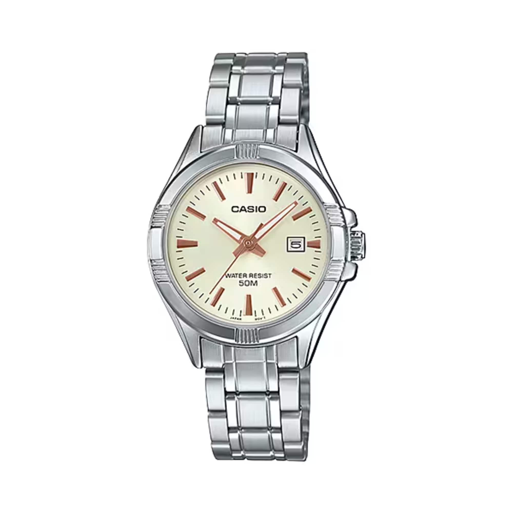 Casio - Women’s Beige Dial Stainless Steel Bracelet Watch - LTP-1308D-9AV - Silver