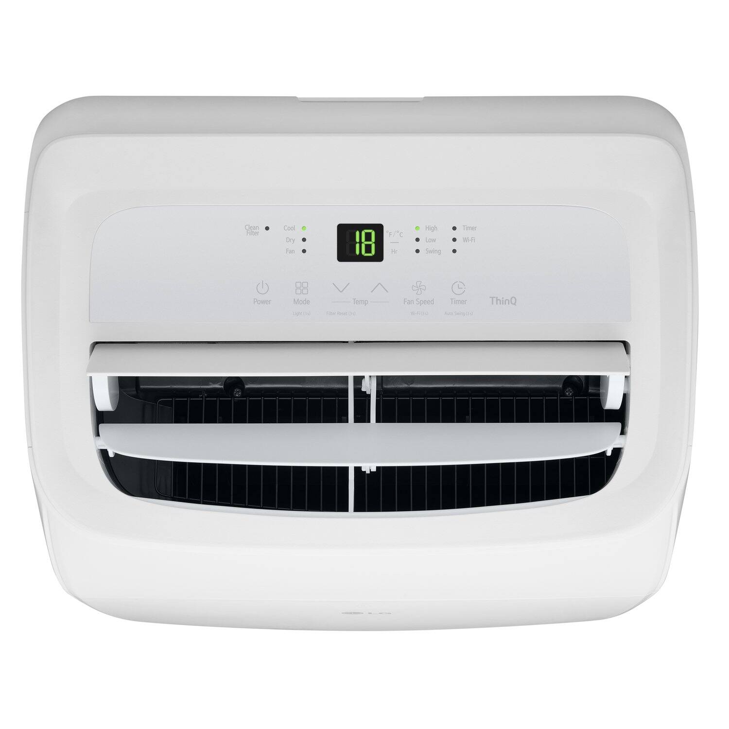 Clean Filter  
Cool  
Dry  
Fan  

Power  
Mode  
Light (10)  
Fan Speed  
Timer  
ThinQ  

High  
Low  
Swing  
Timer  
Wi-Fi  

18°F/°C