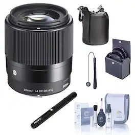 Bundle - Sigma - 30mm f/1.4 DC DN Contemporary Lens for Sony E, with 52mm Filter Kit, Lens Cap Tether, Lens Cleaner,