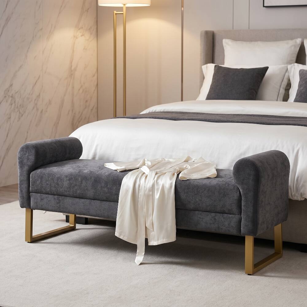Left. Ropilly - 65" Dark Grey Chenille End of Bed Bench with Gold Legs, Modern Upholstered Ottoman Bench - Dark Grey.