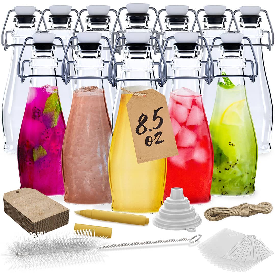 Nevlers - 8.5 Oz. Teardrop Swing Top Glass Bottles with Bottle Brush, Funnel and Marker (Set of 12) - Clear