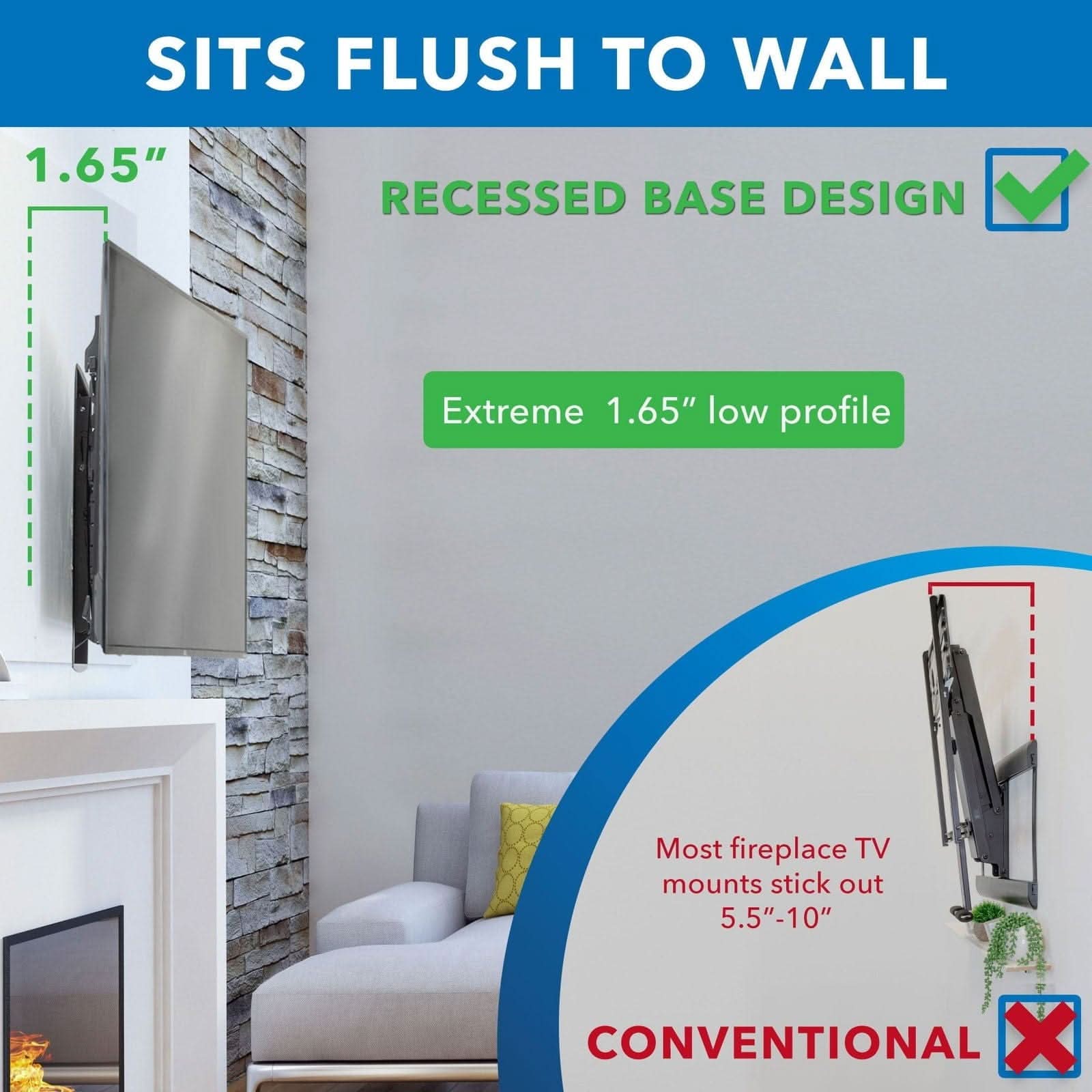 SITS FLUSH TO WALL

1.65" RECESSED BASE DESIGN

Extreme 1.65" low profile

Most fireplace TV mounts stick out 5.5"-10"

CONVENTIONAL