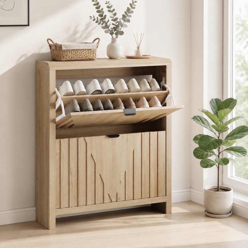 Back. Loheer - Loheer 31.5 inch oak entryway shoe cabinet with vertical carved panels - Oak.