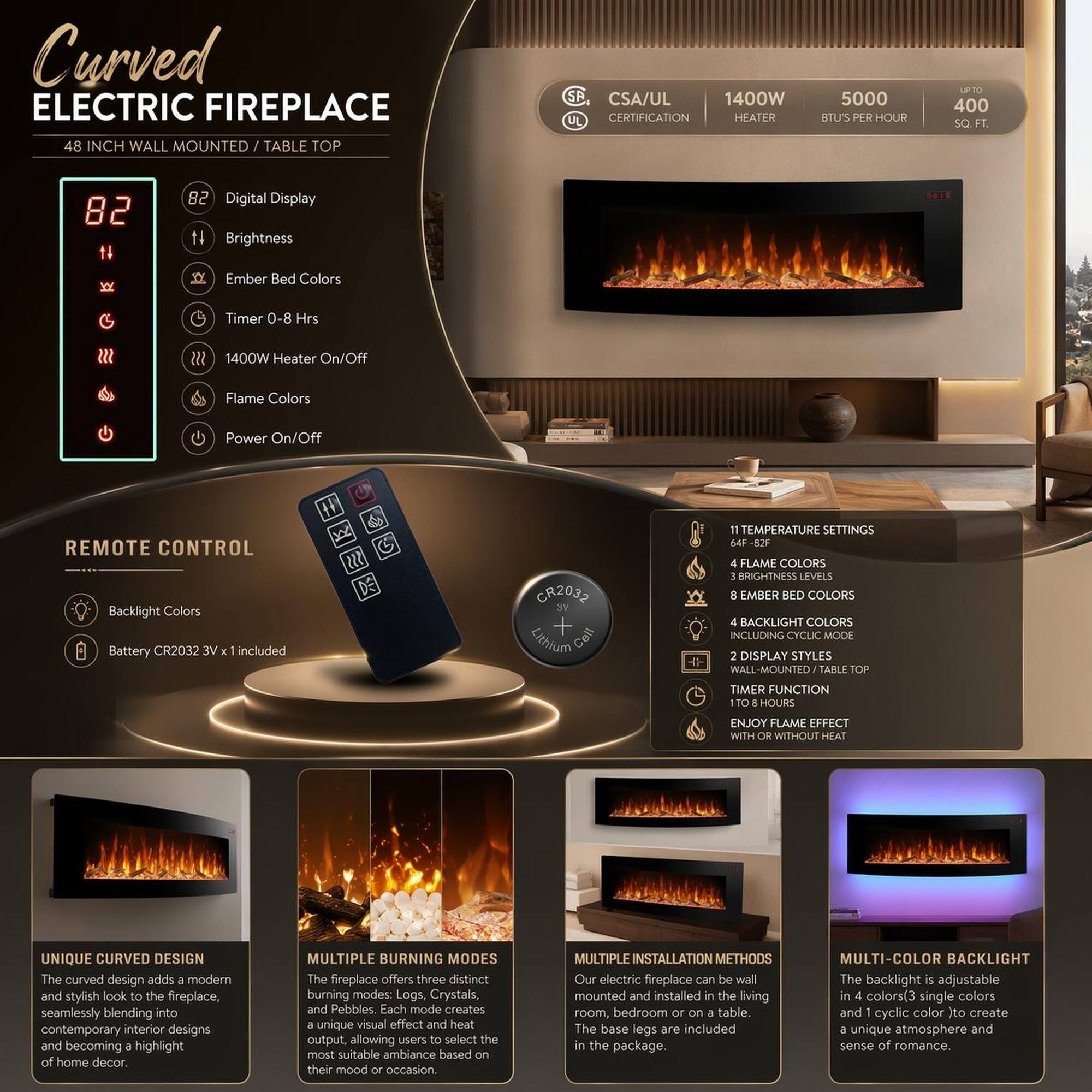Curved ELECTRIC FIREPLACE 48 INCH WALL MOUNTED TABLE TOP

CSA/UL 1400W UL CERTIFICATION HEATER 5000 BTU'S PER HOUR UPT0 400 SQ. FT

Digital Display
Brightness Ember Bed Colors Timer 0-8 Hrs
1400W Heater On/Off Flame Colors Power On/Off

REMOTE CONTROL
Backlight Colors Battery CR2032 3V included

TEMPERATURE SETTINGS
64 4Y FLAME COLORS BRIGHTNESS LEVELS EMBER BED COLORS BACKLIGHT COLORS INCLUDING CICLIC MOCE DISPLAY STYLES WALL-MOUNTED TABLE TOP TIMER FUNCTION TO HOURS

ENJOY FLAME EFFECT WITH OR WITHOUT HEAT

UNIQUE CURVED DESIGN
The curved design adds modern and stylish look to the fireplace, seamlessly blending into contemporary interior designs and becoming a highlight of home decor

MULTIPLE BURNING MODES
The fireplace offers three distinct burning modes: Logs, Crystals, and Pebbles. Each mode creates a unique visual effect and heat output, allowing users to select the most suitable ambiance based on their mood or occasion.

MULTIPLE INSTALLATION METHODS
Our electric fireplace can be wall