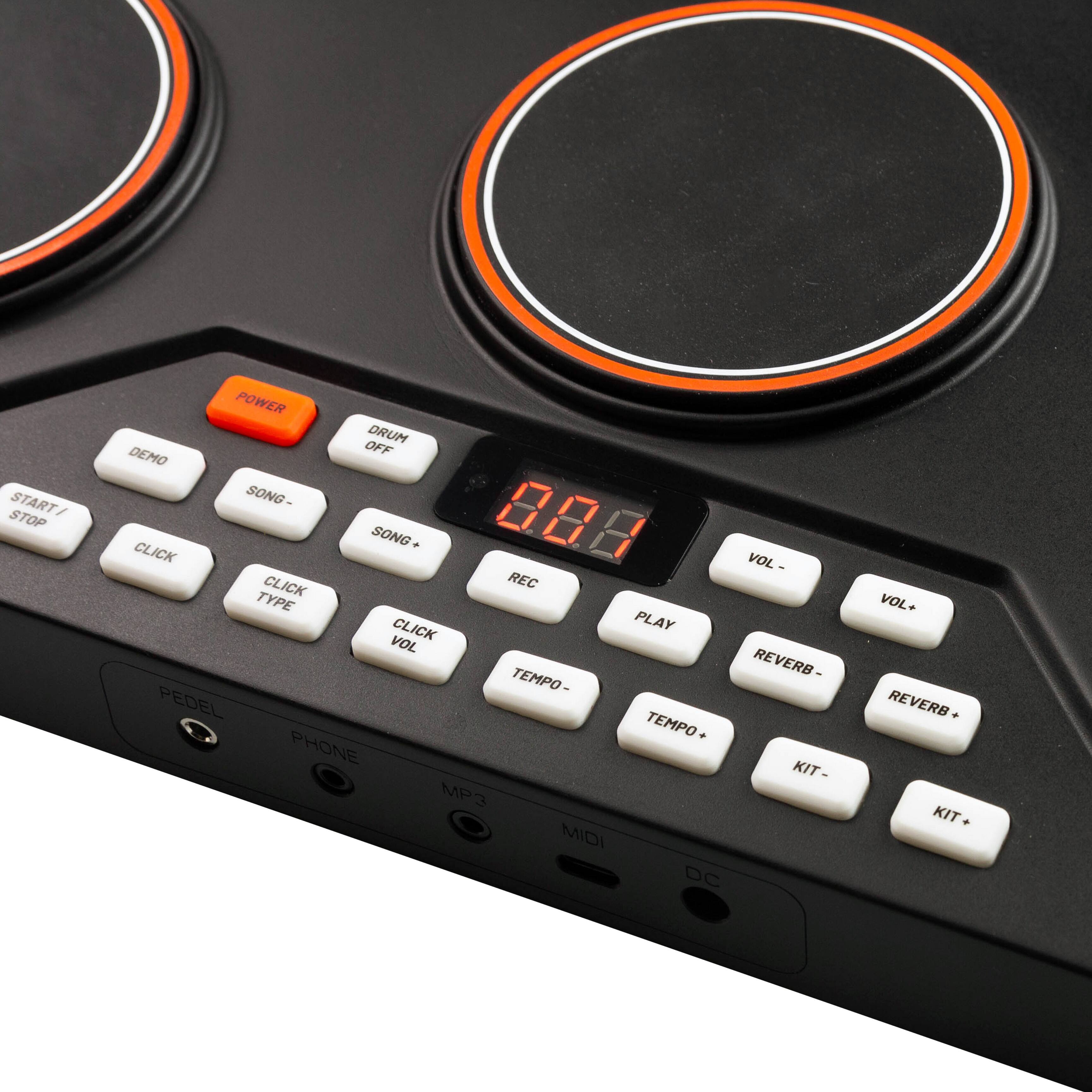 Here is the corrected and grouped text from the image:

- POWER
- DRUM OFF
- DEMO
- START / STOP
- SONG -
- SONG +
- CLICK
- CLICK TYPE
- CLICK VOL
- REC
- PLAY
- REVERB -
- REVERB +
- TEMPO -
- TEMPO +
- KIT -
- KIT +
- PEDEL
- PHONE
- MP3
- MIDI
- DC
- VOL -
- VOL +
- REVERB
- TEMPO
- KIT
- 00.0 (display)