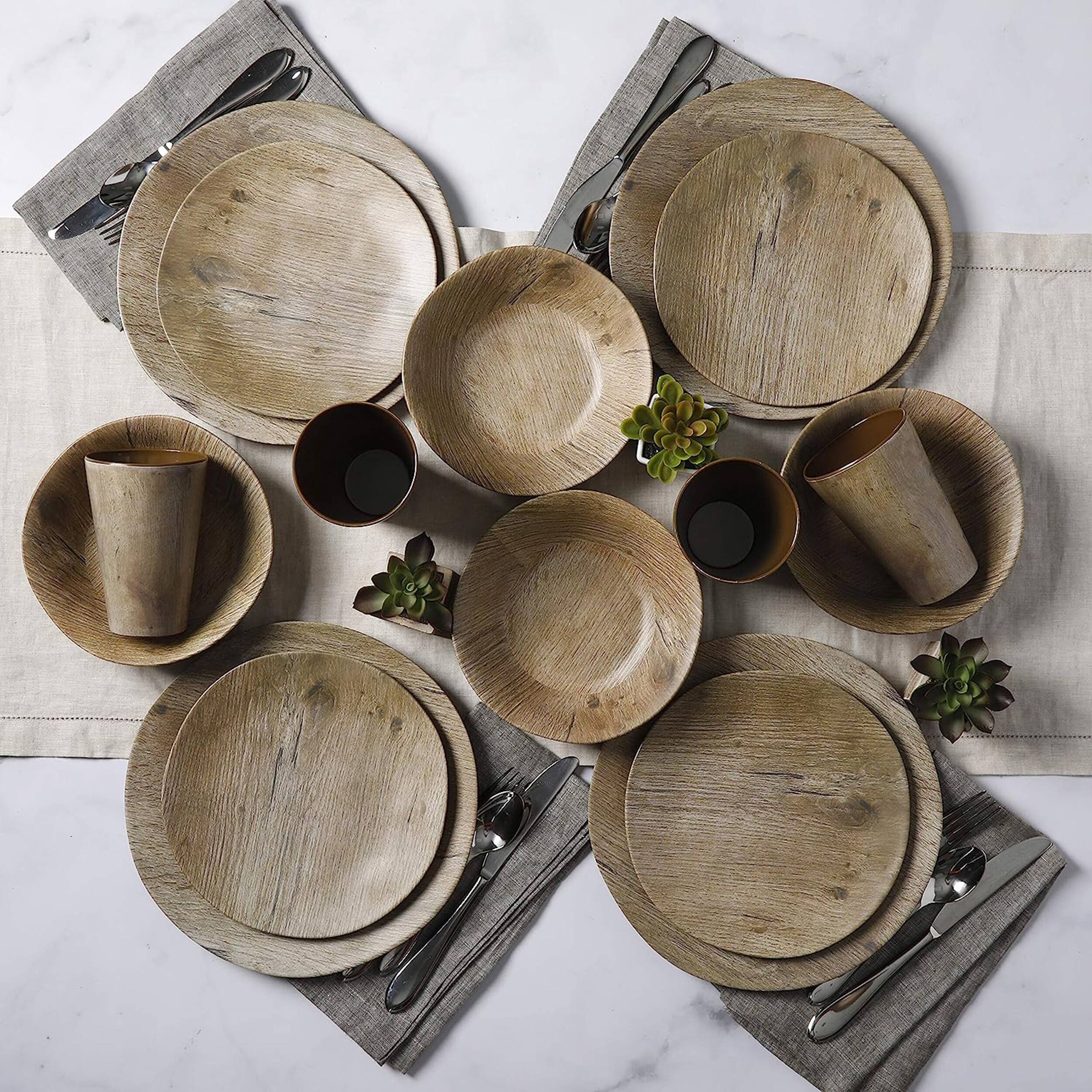 Alt View 7. Gibson - Gibson Elite Woodlands 16 Piece Melamine Wood Grain Decal Dinnerware Set - Brown.