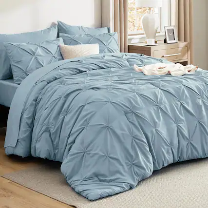 Front. FINEAK - Modern Queen Pinch Pleat Comforter Set with Sheets-7-Piece All-Season Bed in a Bag - Light Blue.