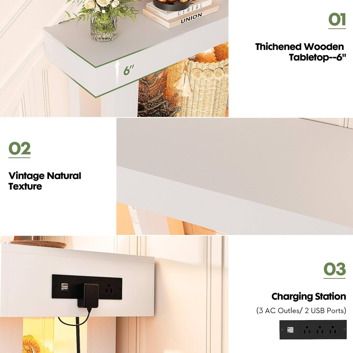 CEREAL UNION

01 Thichened Wooden Tabletop--6"

02 Vintage Natural Texture

03 Charging Station (3 AC Outlets / 2 USB Ports)