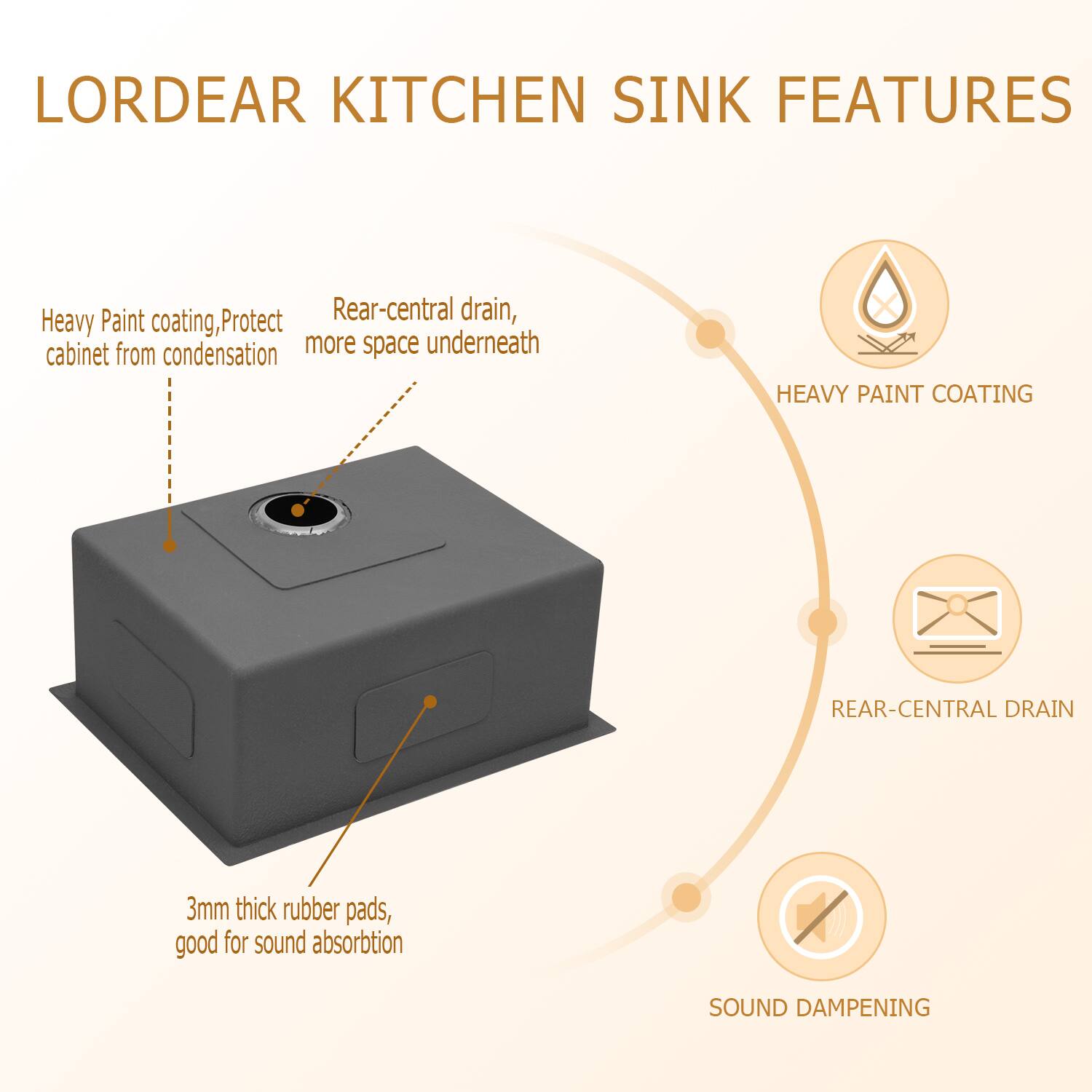 LORDEAR KITCHEN SINK FEATURES

Paint
Rear-central drain
Heavy coating
Protect cabinet from condensation
more space underneath

HEAVY PAINT COATING
REAR-CENTRAL DRAIN
3mm thick rubber pads, good for sound absorbtion
SOUND DAMPENING