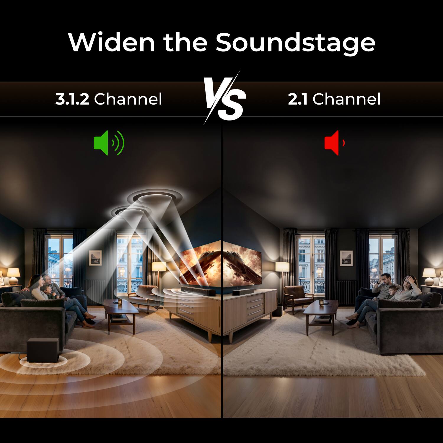 Widen the Soundstage  
3.1.2 Channel VS 2.1 Channel
