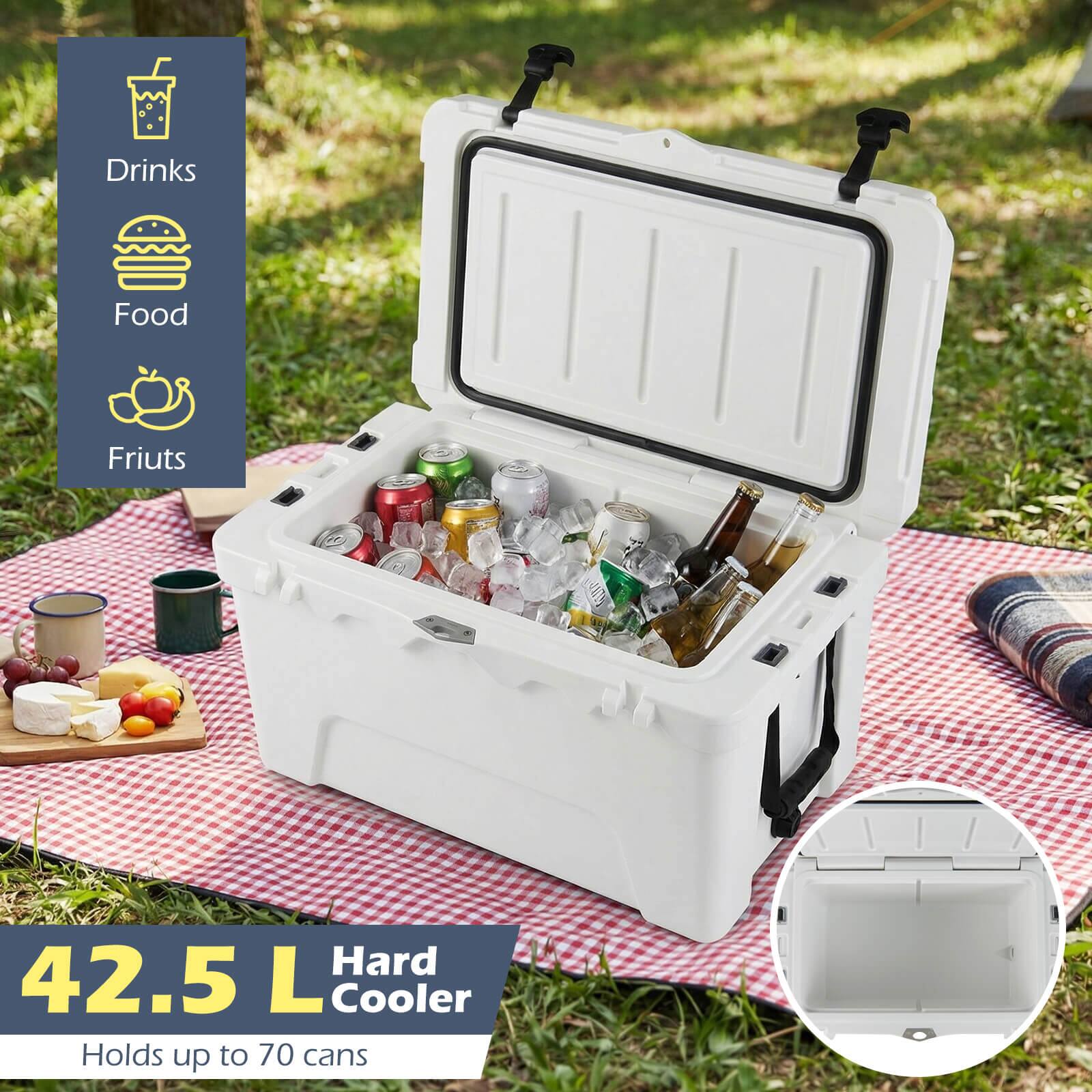 Drinks  
Food  
Fruits  

42.5 L Hard Cooler  
Holds up to 70 cans