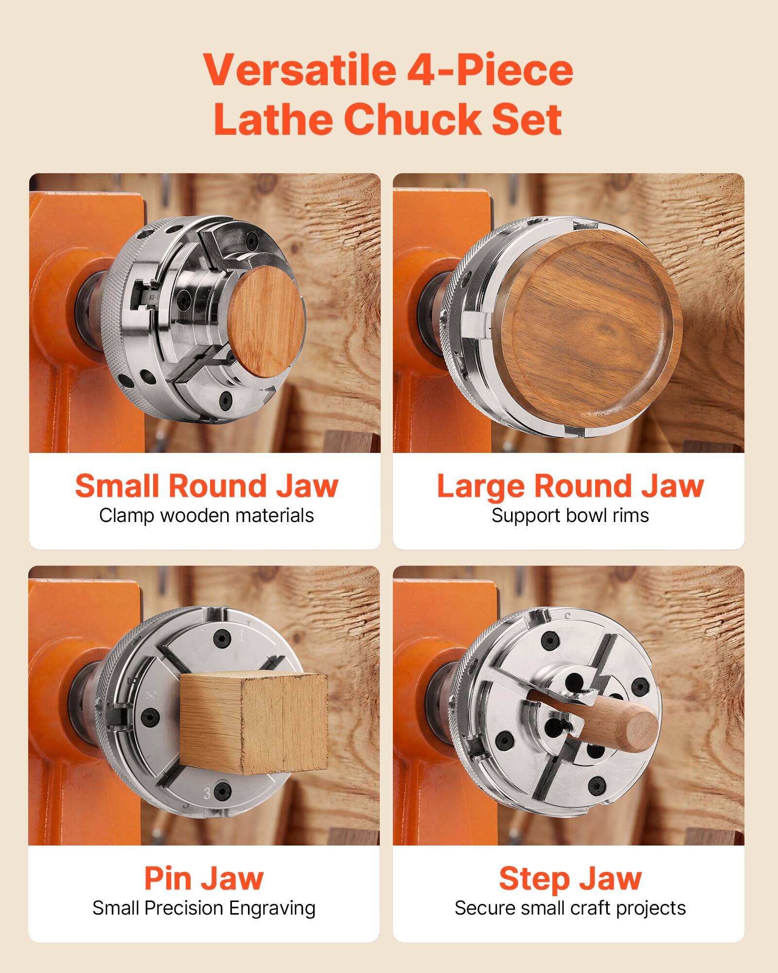 Versatile 4-Piece Lathe Chuck Set

- Small Round Jaw: Clamp wooden materials
- Large Round Jaw: Support bowl rims
- Pin Jaw: Small Precision Engraving
- Step Jaw: Secure small craft projects