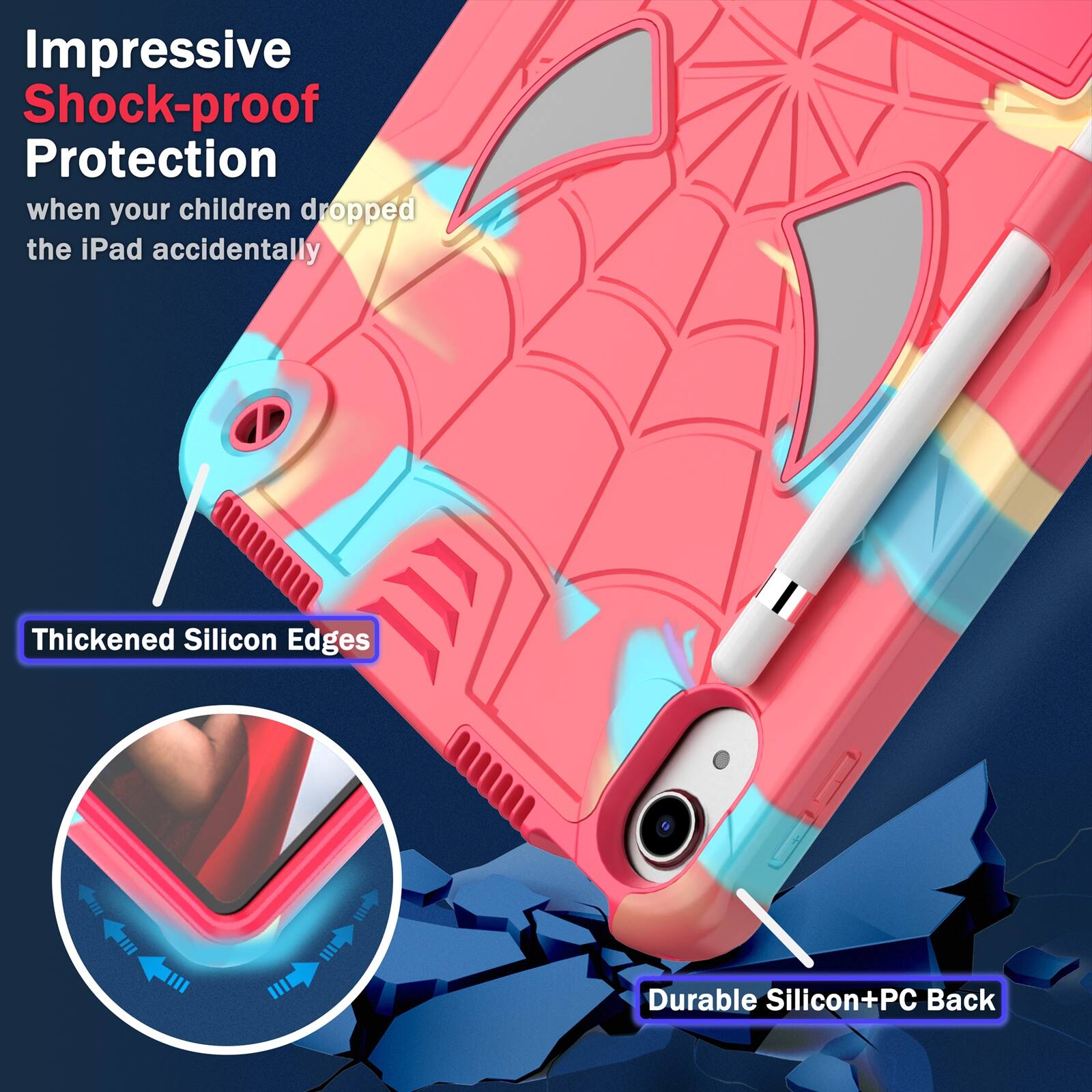Impressive Shock-proof Protection when your children dropped the iPad accidentally

Thickened Silicon Edges

Durable Silicon+PC Back