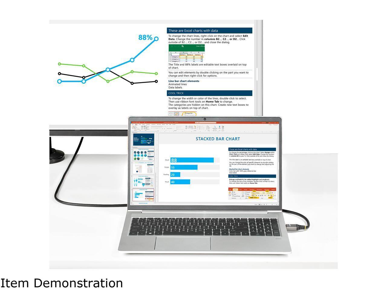 88%

These are Excel charts with data. To change the chart lines, right-click the chart and select Edit Data. Change the number in columns B2... C2 or D2... Click outside of B2... C2... or D2 and close the dialog.

The Title and 88% labels are editable text boxes overlaid on top of the chart. You can edit elements by double-clicking the part you want to change and then right-click for options. Line bar chart elements Animated lines Data labels

COOL TRICK
To change the width or color of the lines, double-click to select. Then use ribbon font tools on Home Tab to change. The categories are hidden on this chart. Create new text boxes to overlay as labels on top of chart.

STACKED BAR CHART

88
55
20
40

Item Demonstration
