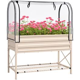 Outsunny - Raised Garden Bed with Cover and Storage Shelf, Rectangular Metal Elevated Planter Box with Legs and Bed Liner - Cream White