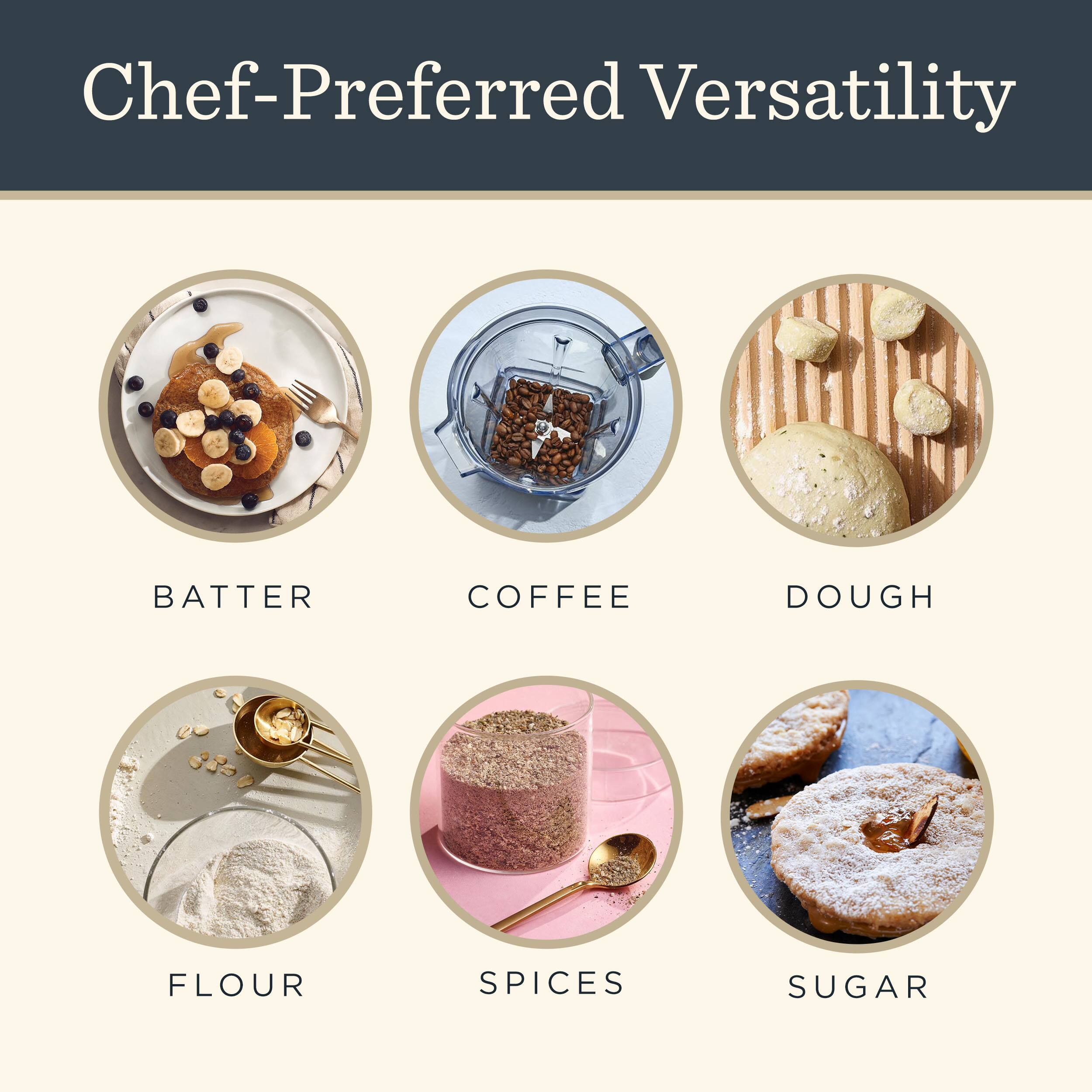 Chef-Preferred Versatility

- BATTER
- COFFEE
- DOUGH
- FLOUR
- SPICES
- SUGAR