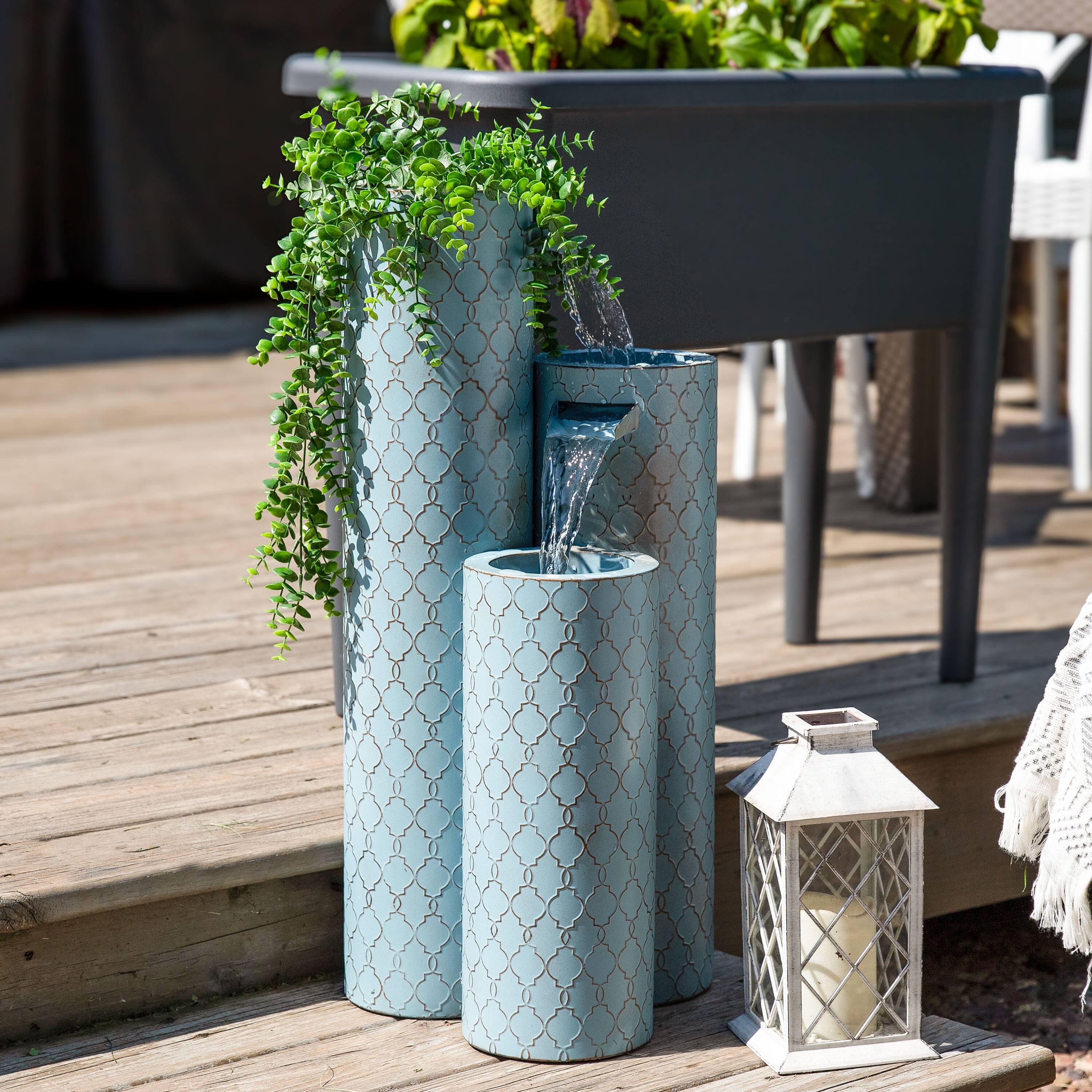 Alt View 5. Sunnydaze - Moroccan Trellis 3-Column Zinc Outdoor Garden Fountain - 27.5" - Blue.