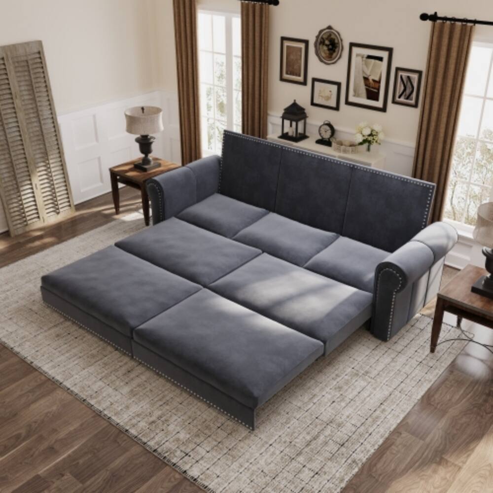 Back. LUCKY ONE - 93.7" Pull-Out Velvet Chesterfield Sofa Bed King Sleeper 3-in-1 w/ Nailhead Trim - Grey.