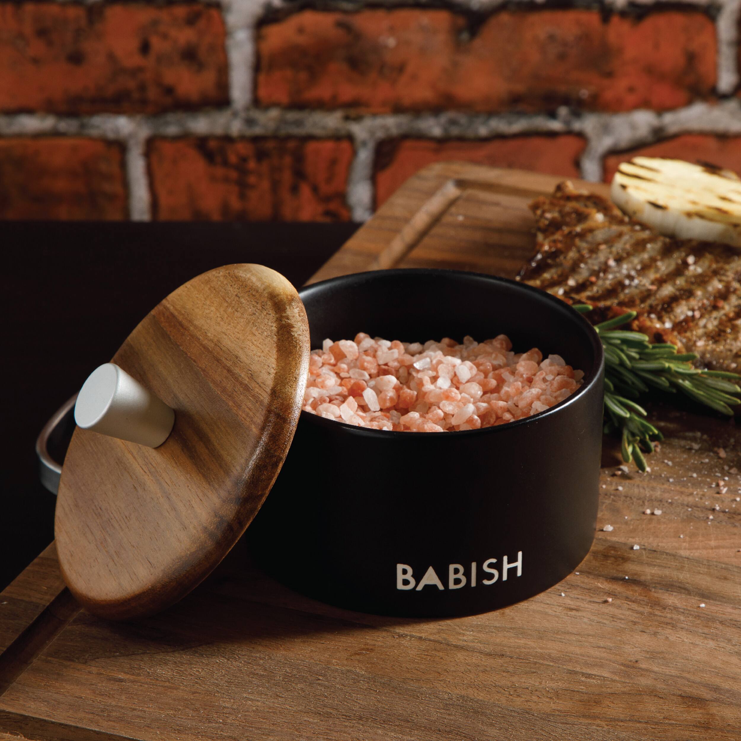 Back. Babish - Babish 9 Ounce Round Stoneware Salt Cellar with Acacia Wood Lid in Black - Black.