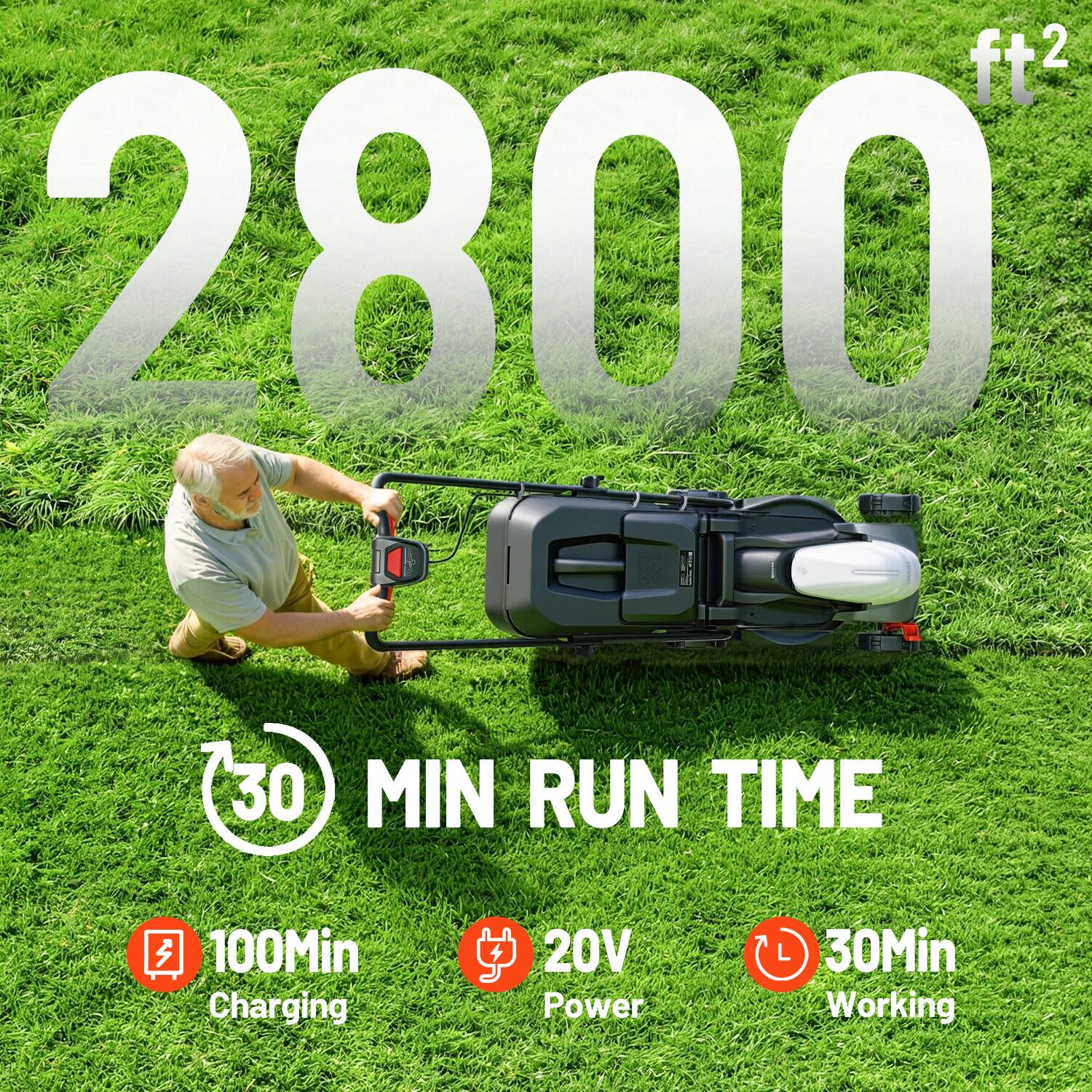2800 ft²  
30 MIN RUN TIME  
100Min Charging  
20V Power  
30Min Working