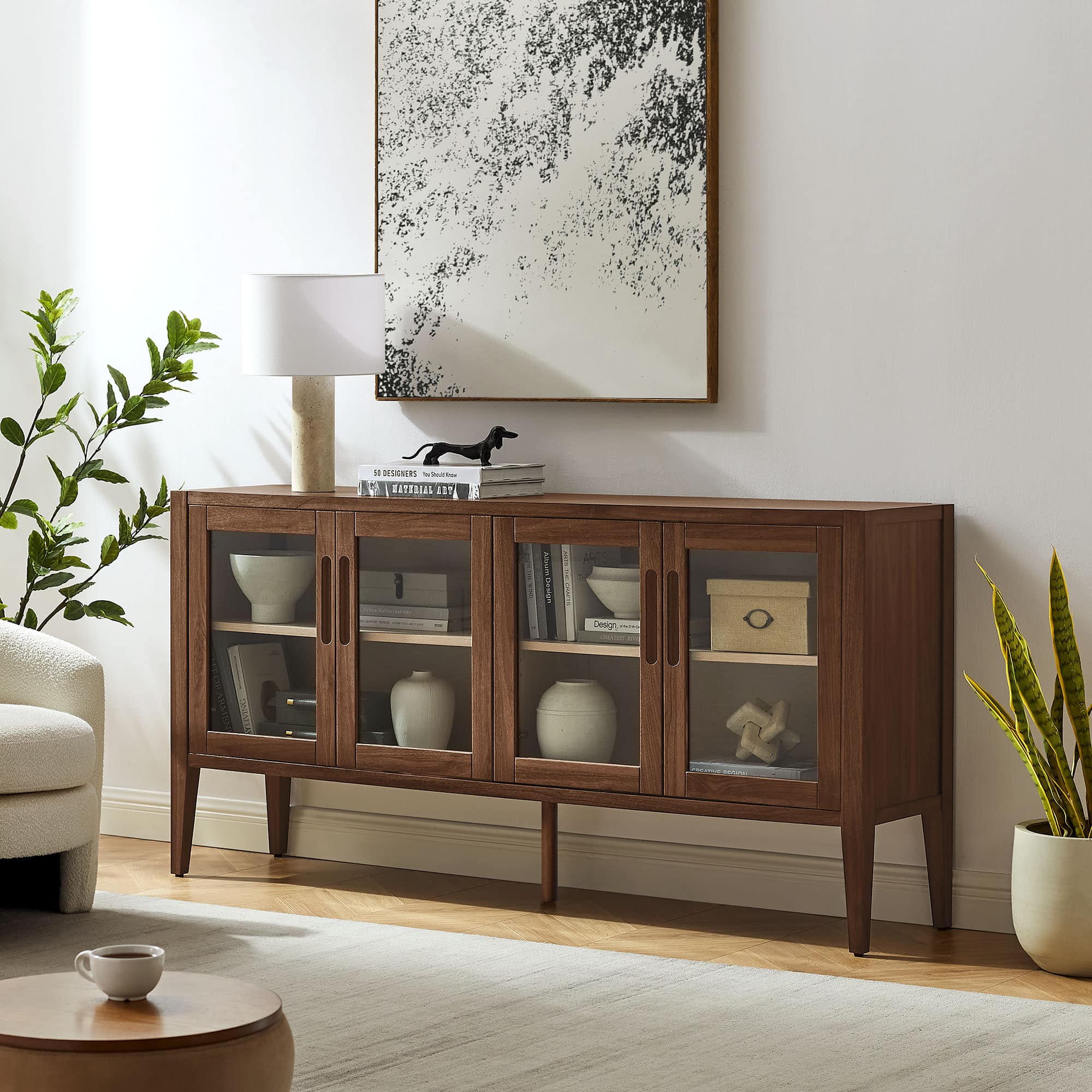 Nell 72" Glass Door Sideboard Storage Display Cabinet by Modway - Walnut